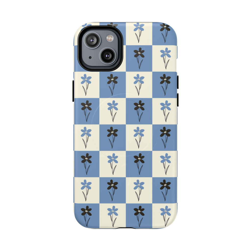 Floral Checkered Phone Case — Blue Vintage Flower Tough Magnetic Case