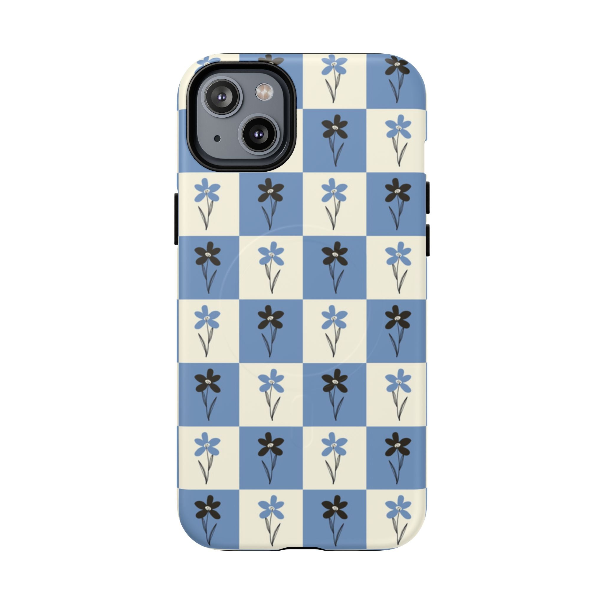 Floral Checkered Phone Case — Blue Vintage Flower Tough Magnetic Case