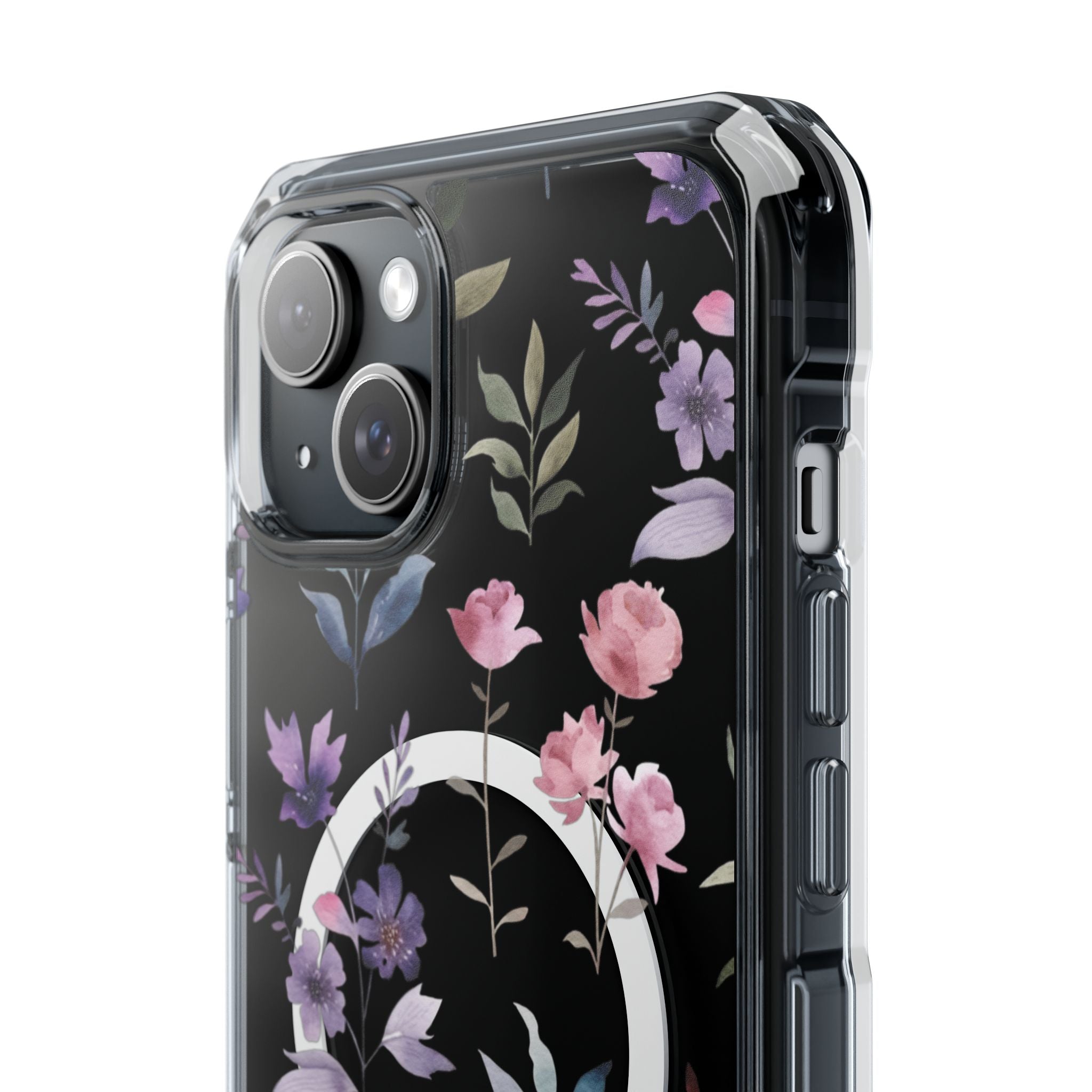 Clear Magnetic Phone Case – Floral Black MagSafe-Compatible Protective Cover