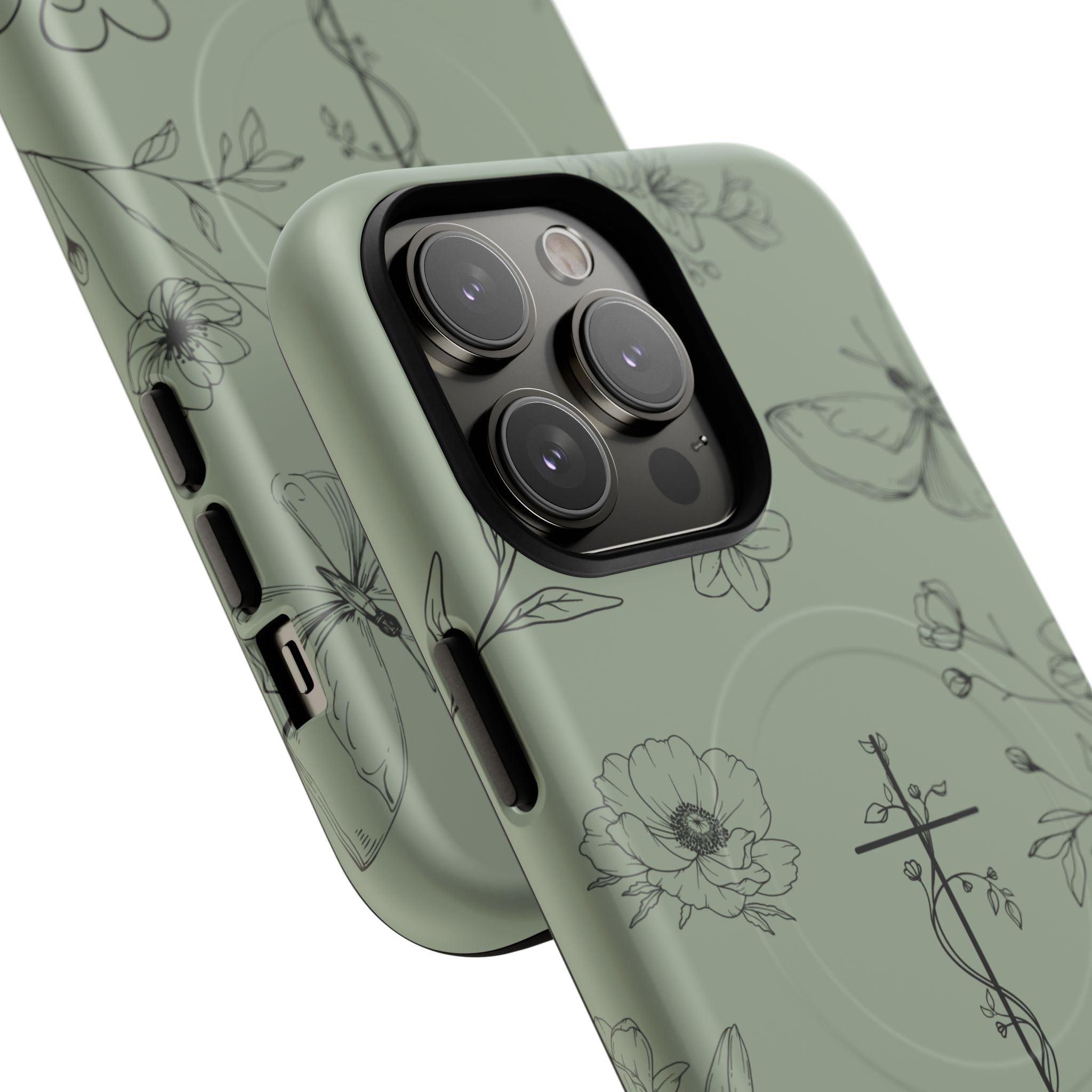 MagSafe phone case - sage green floral cross design