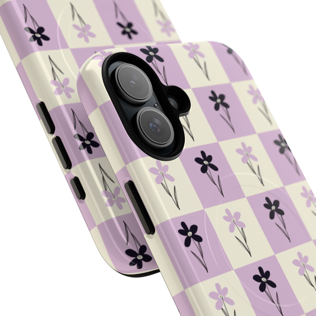 Floral Check Pattern Tough Magnetic Phone Case — Lavender Retro Grid