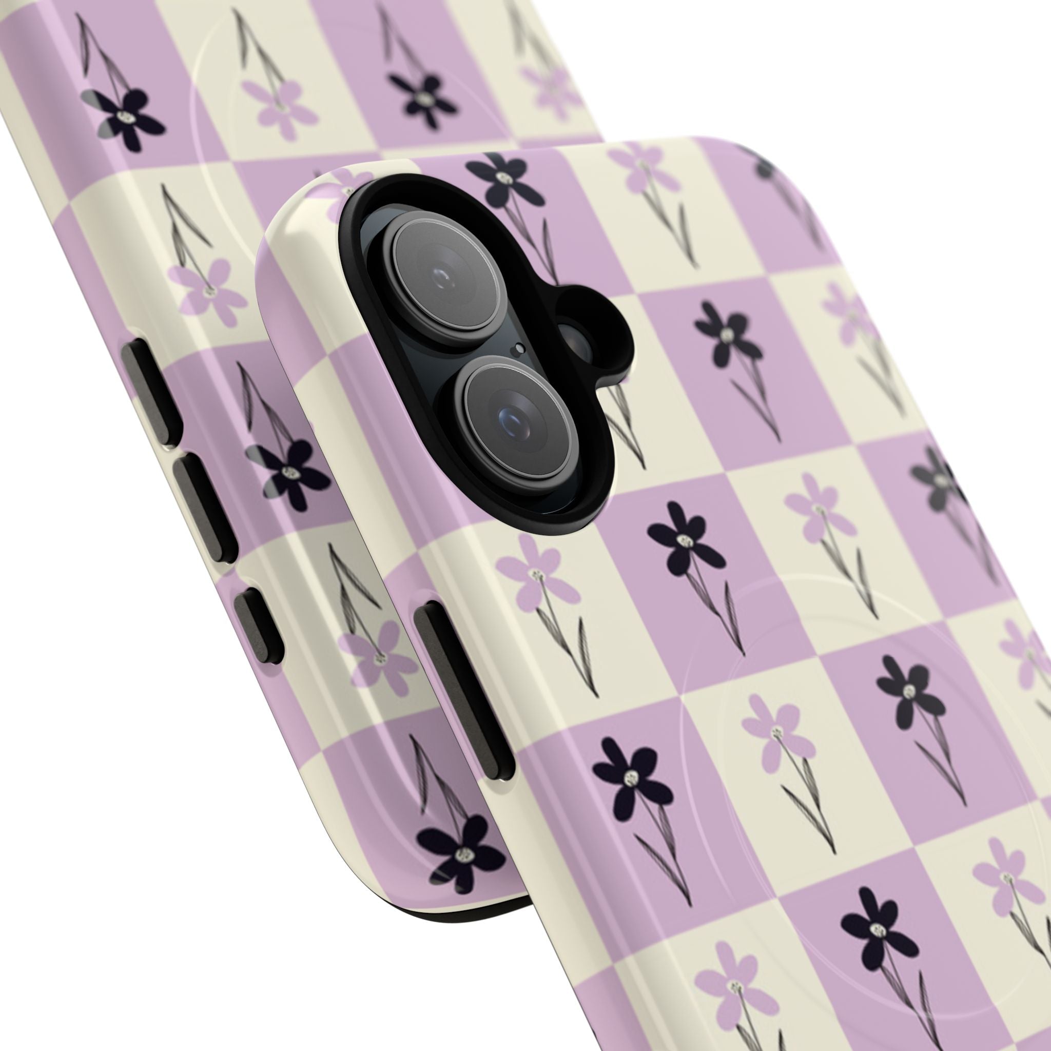 Floral Check Pattern Tough Magnetic Phone Case — Lavender Retro Grid