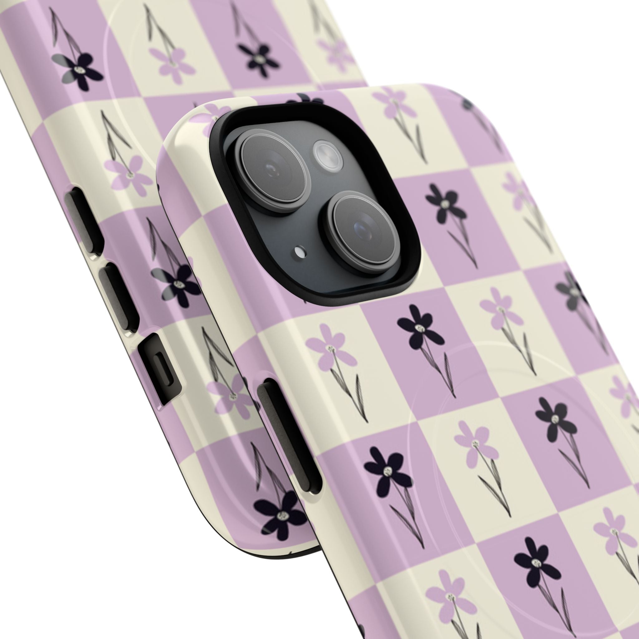 Floral Check Pattern Tough Magnetic Phone Case — Lavender Retro Grid