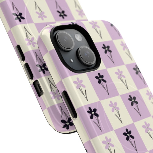 Floral Check Pattern Tough Magnetic Phone Case — Lavender Retro Grid