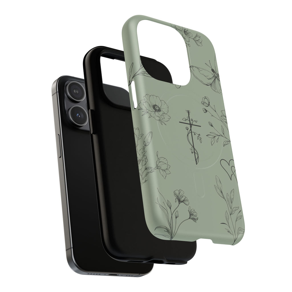 MagSafe phone case - sage green floral cross design