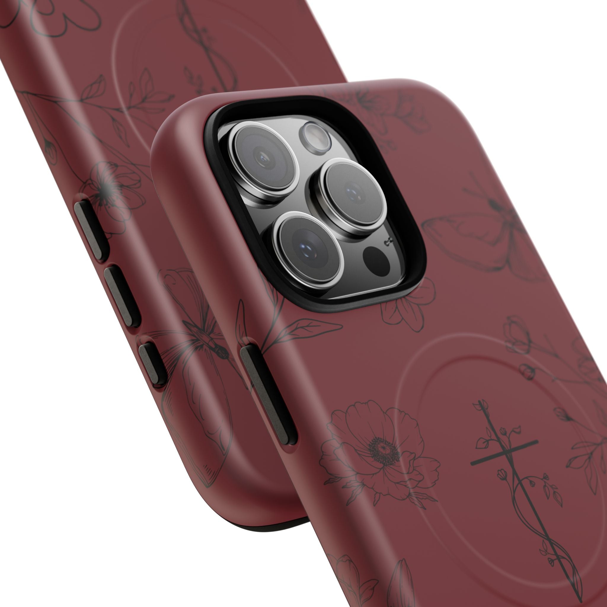 Floral Cross Tough Magnetic Phone Case — Burgundy Protective Cover