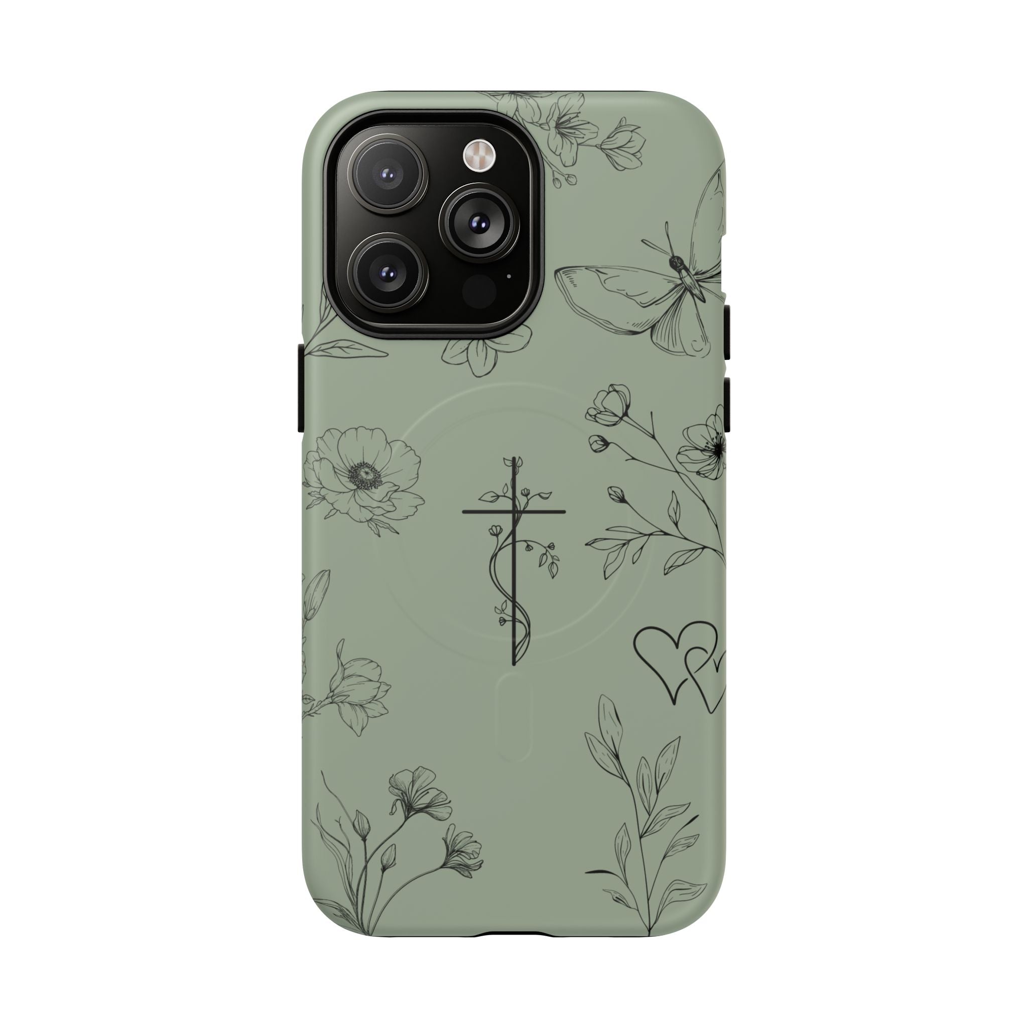 MagSafe phone case - sage green floral cross design