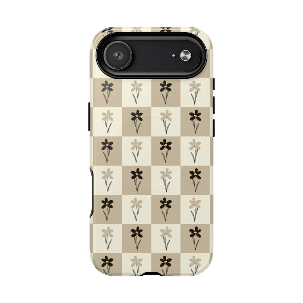 Floral Checkered Tough Magnetic Phone Case — Beige Vintage Flower Grid