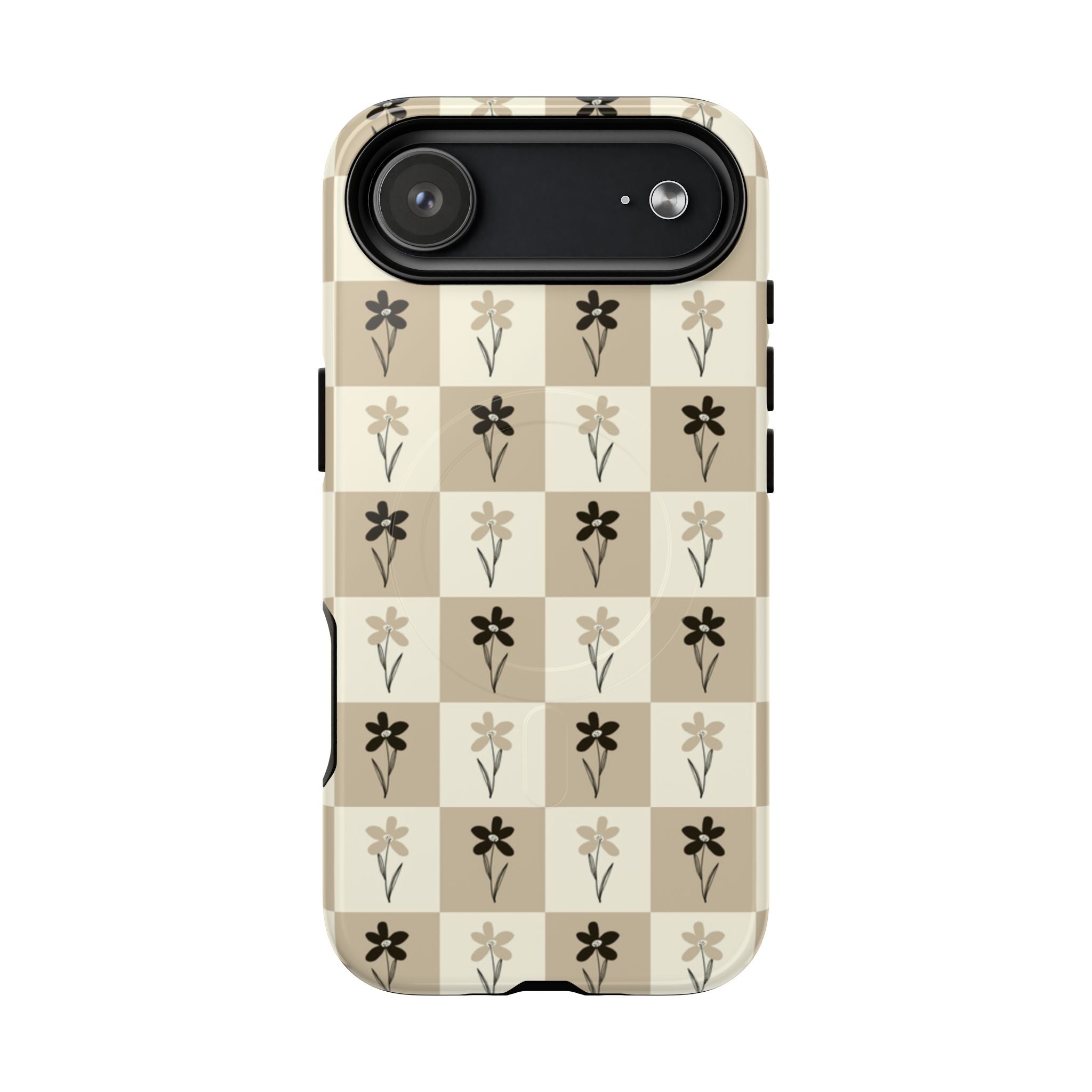 Floral Checkered Tough Magnetic Phone Case — Beige Vintage Flower Grid