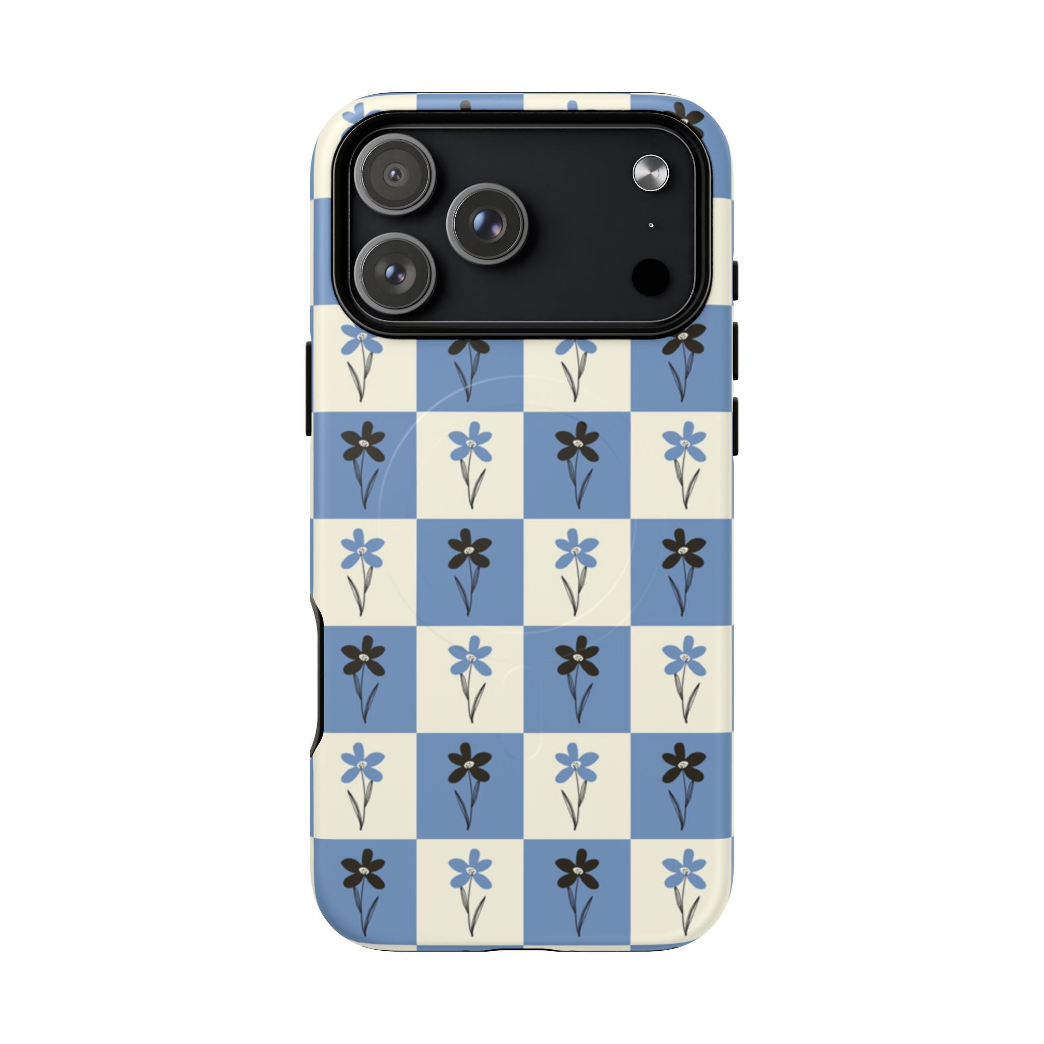 Floral Checkered Phone Case — Blue Vintage Flower Tough Magnetic Case