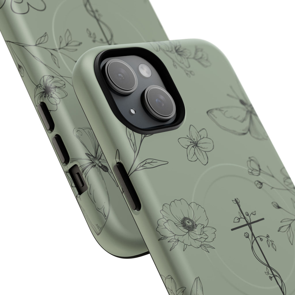 MagSafe phone case - sage green floral cross design