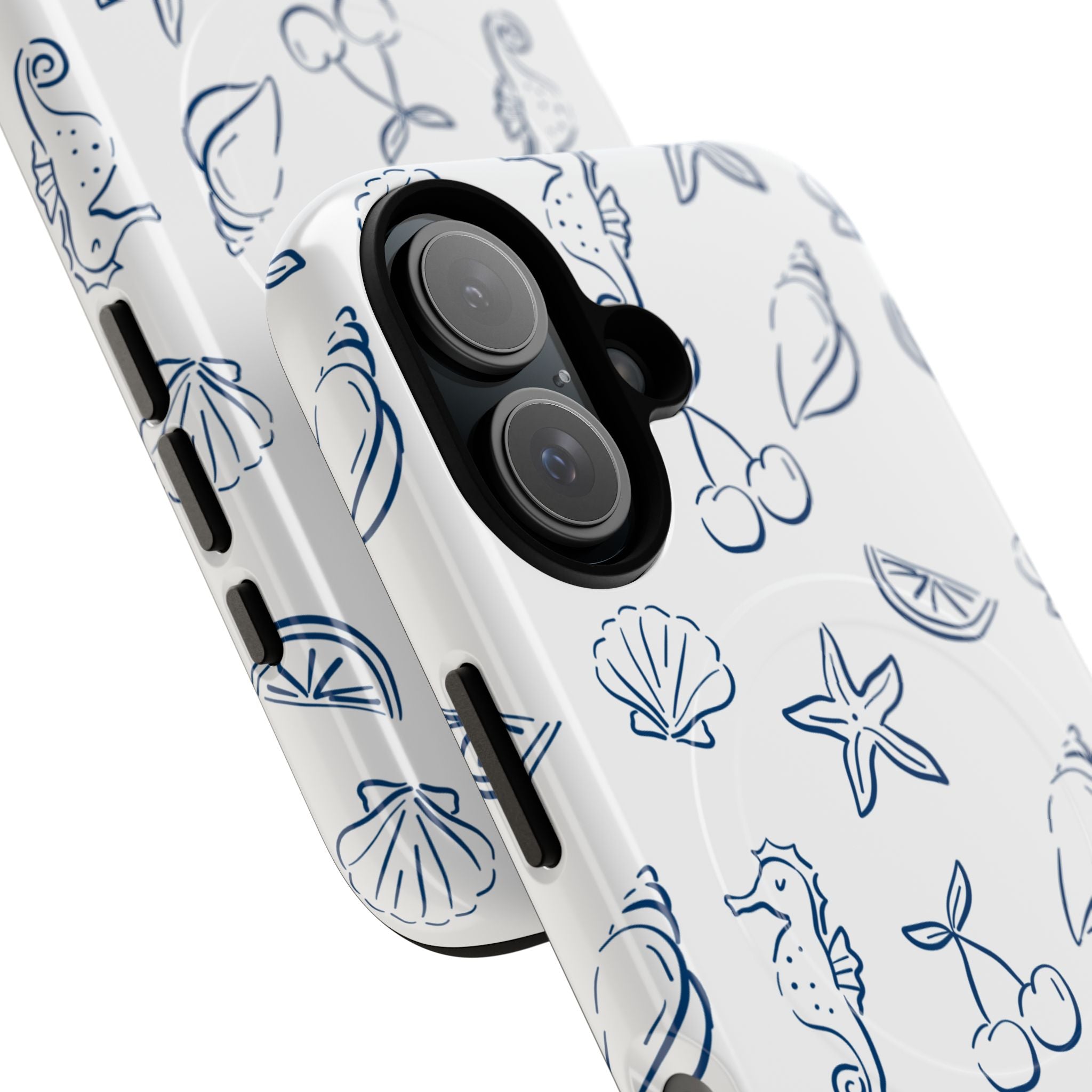 Nautical Sketch Magnetic Phone Case — Seahorse & Seashell Pattern