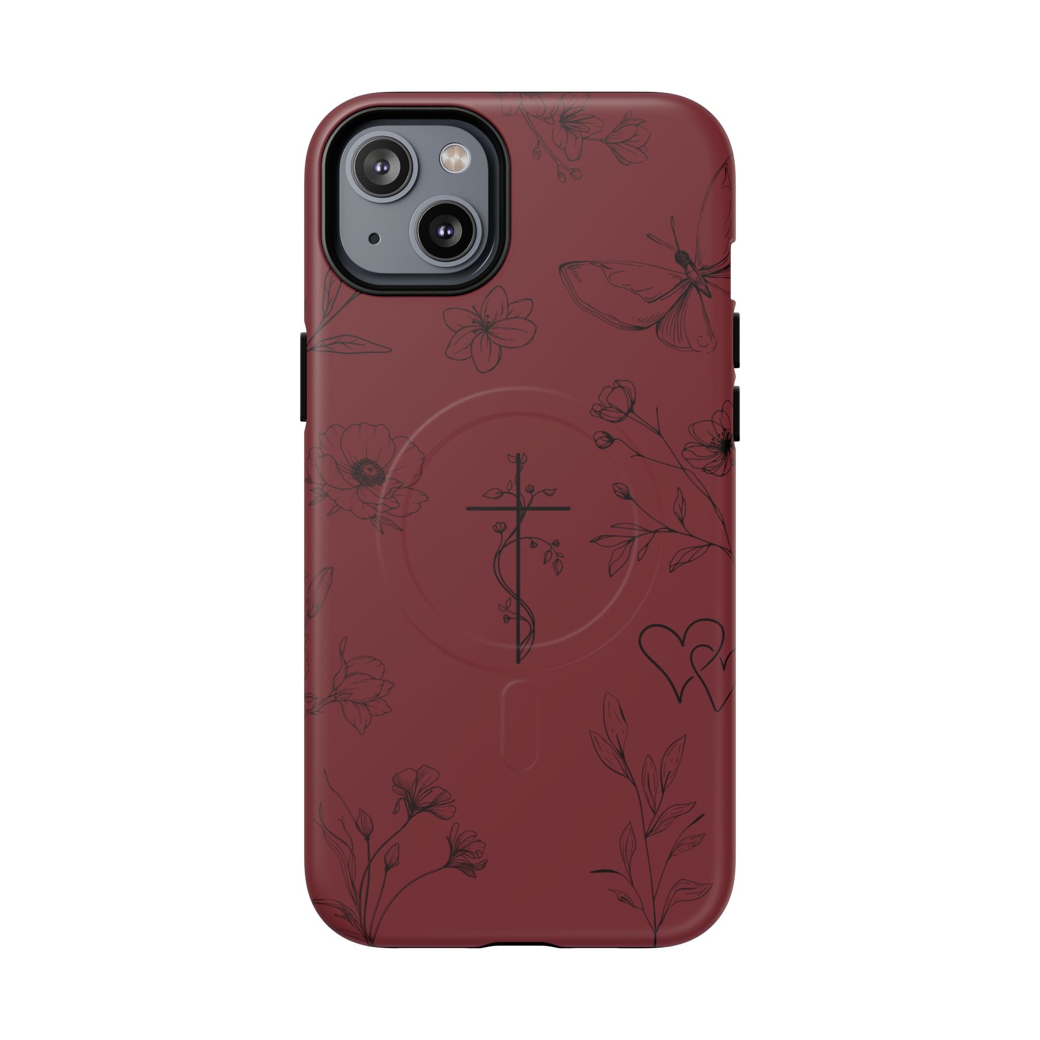 Floral Cross Tough Magnetic Phone Case — Burgundy Protective Cover