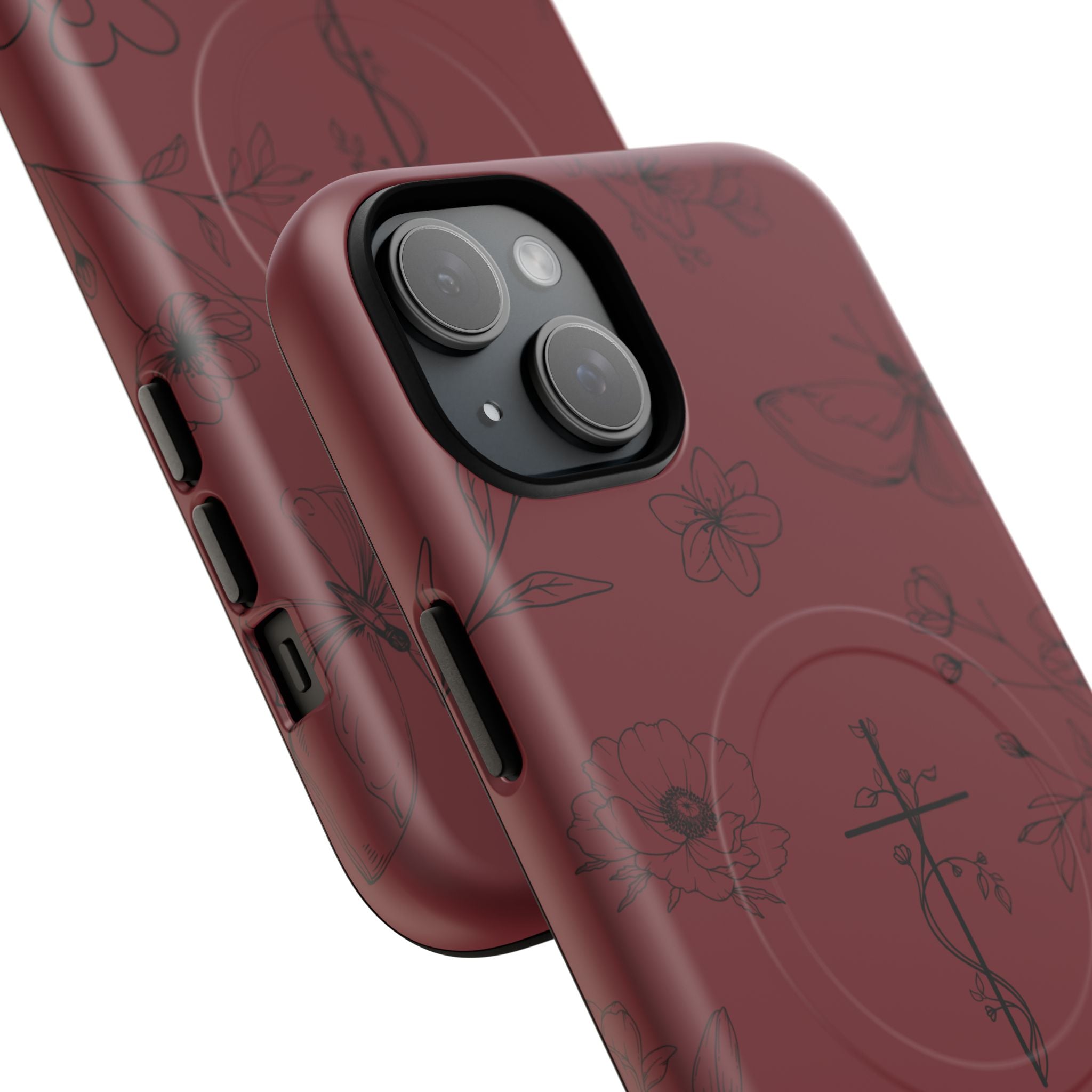 Floral Cross Tough Magnetic Phone Case — Burgundy Protective Cover