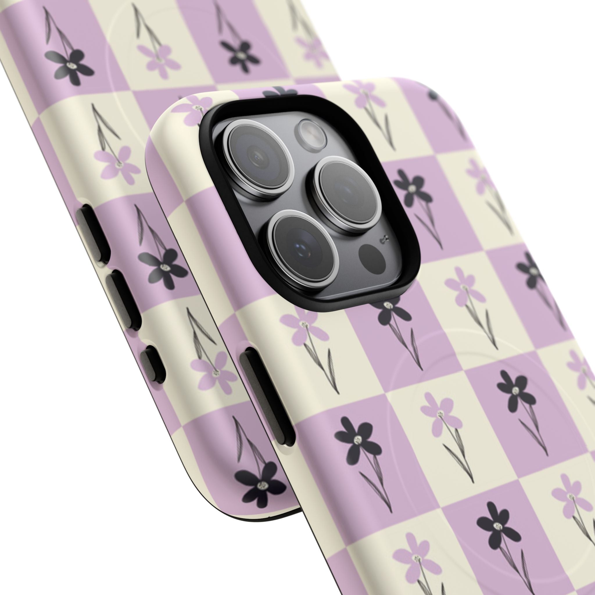 Floral Check Pattern Tough Magnetic Phone Case — Lavender Retro Grid