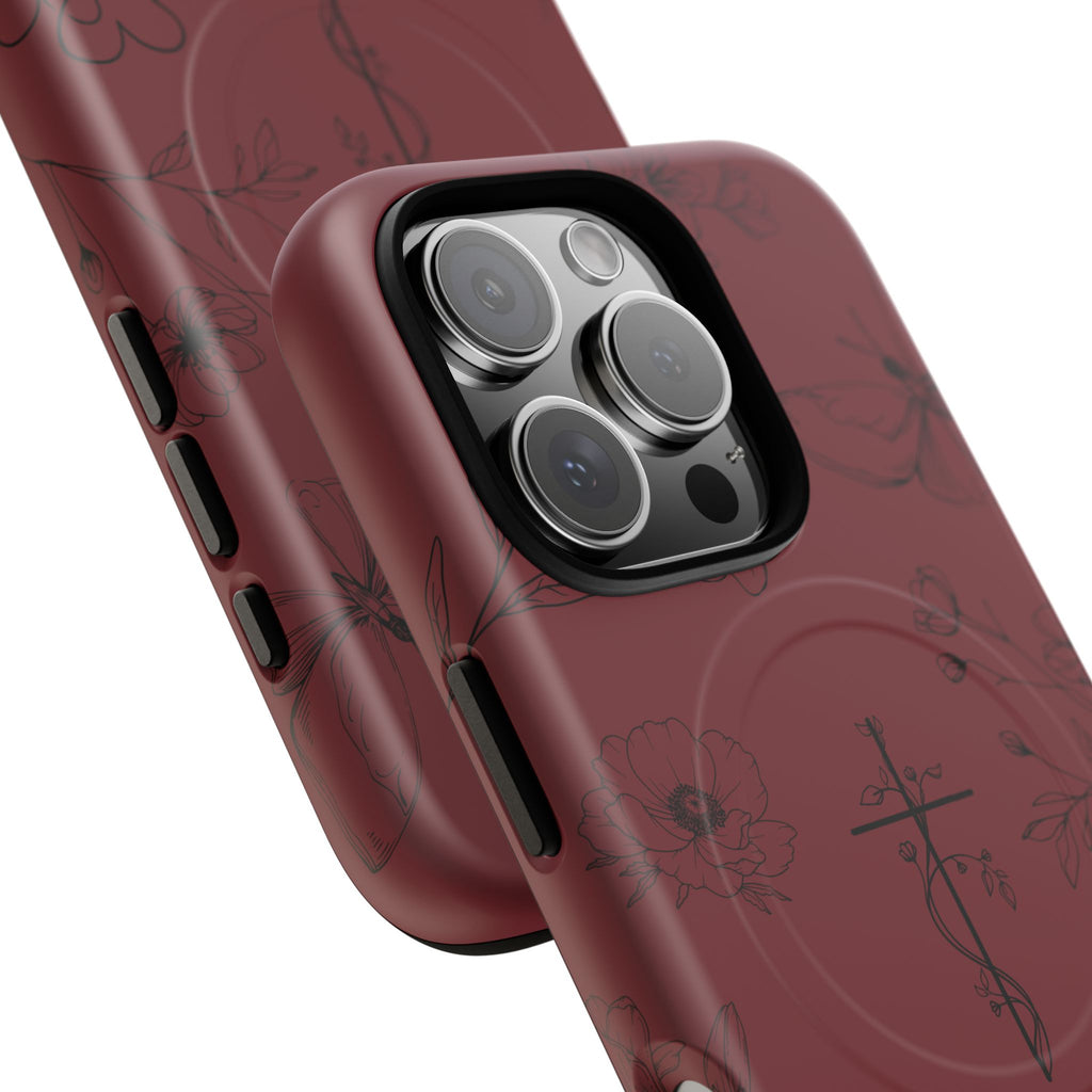 Floral Cross Tough Magnetic Phone Case — Burgundy Protective Cover