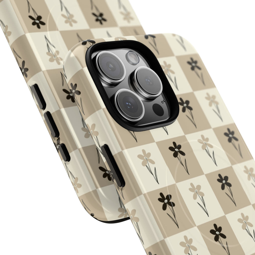 Floral Checkered Tough Magnetic Phone Case — Beige Vintage Flower Grid