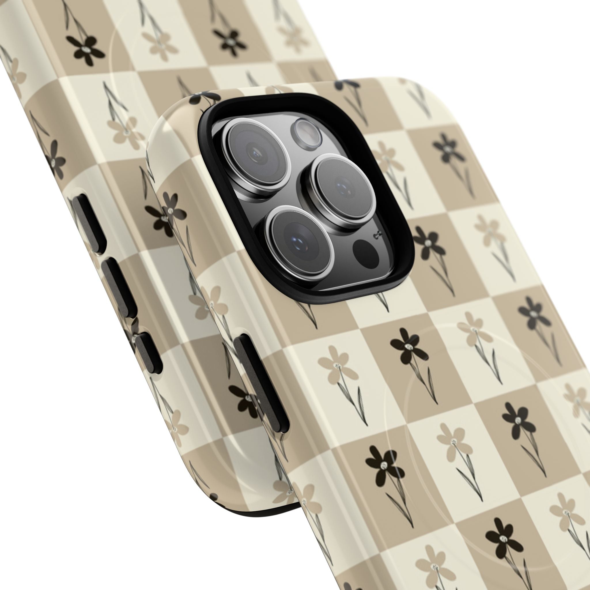 Floral Checkered Tough Magnetic Phone Case — Beige Vintage Flower Grid