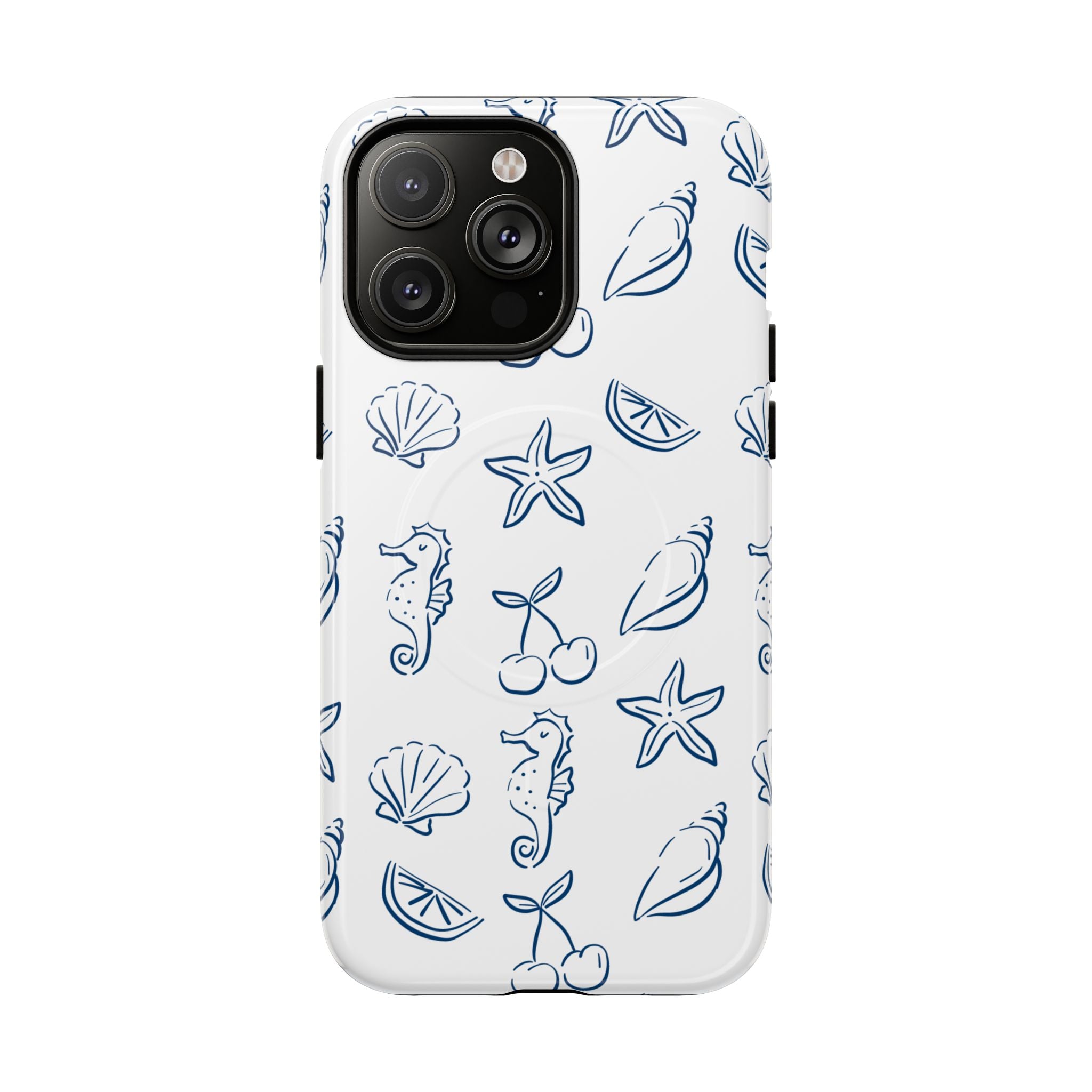 Nautical Sketch Magnetic Phone Case — Seahorse & Seashell Pattern