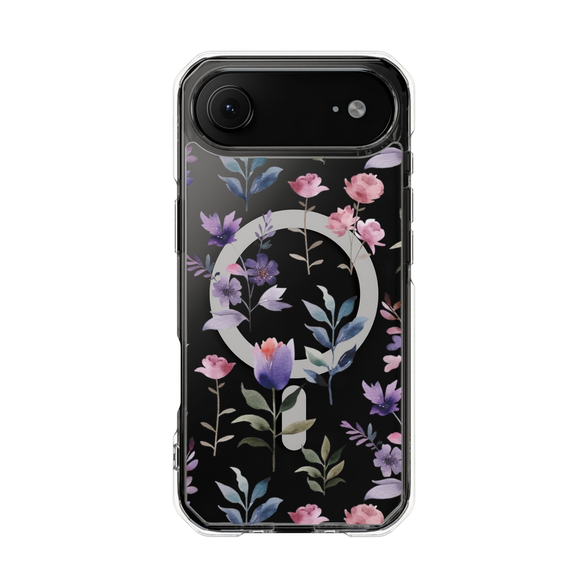 Clear Magnetic Phone Case – Floral Black MagSafe-Compatible Protective Cover