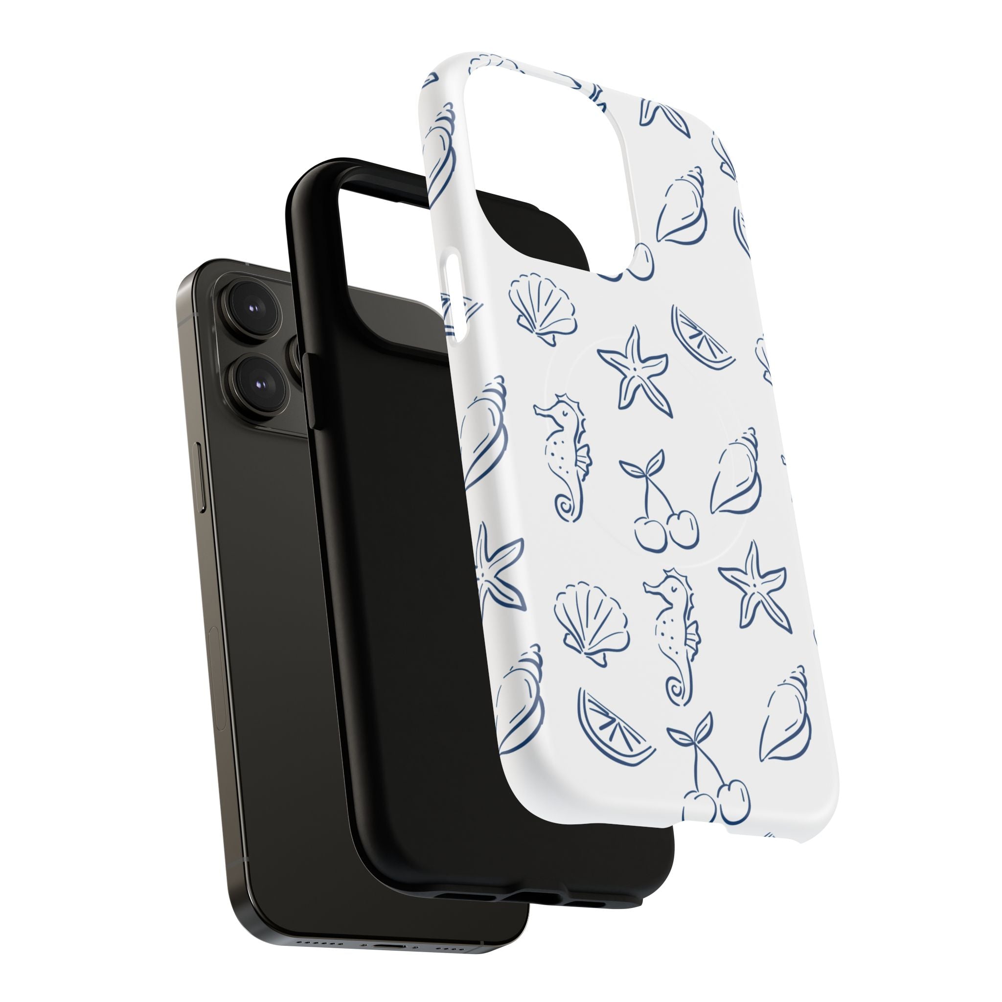 Nautical Sketch Magnetic Phone Case — Seahorse & Seashell Pattern