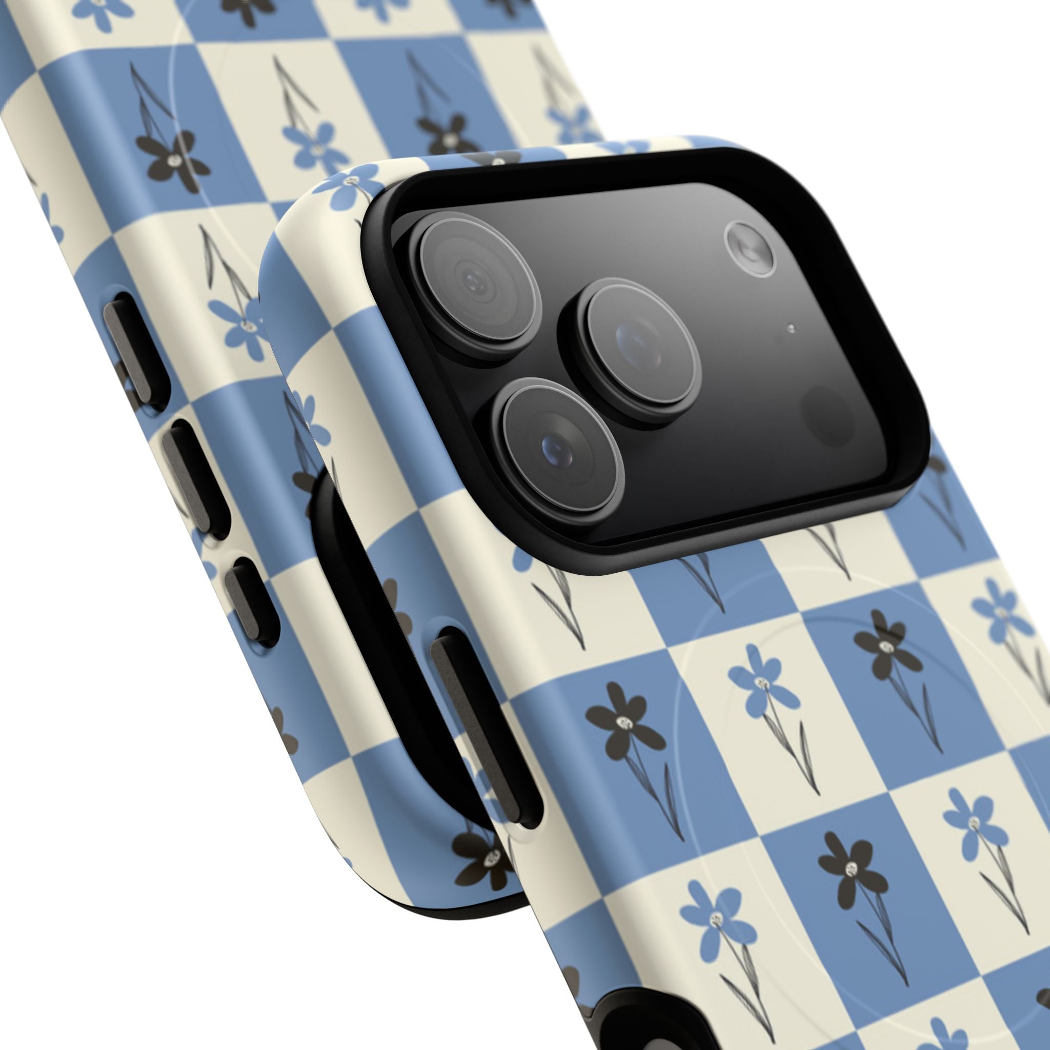 Floral Checkered Phone Case — Blue Vintage Flower Tough Magnetic Case