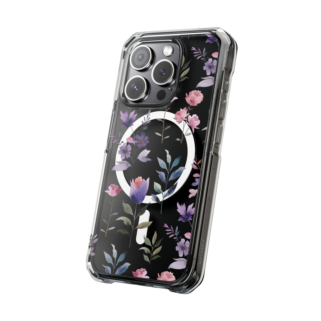 Clear Magnetic Phone Case – Floral Black MagSafe-Compatible Protective Cover