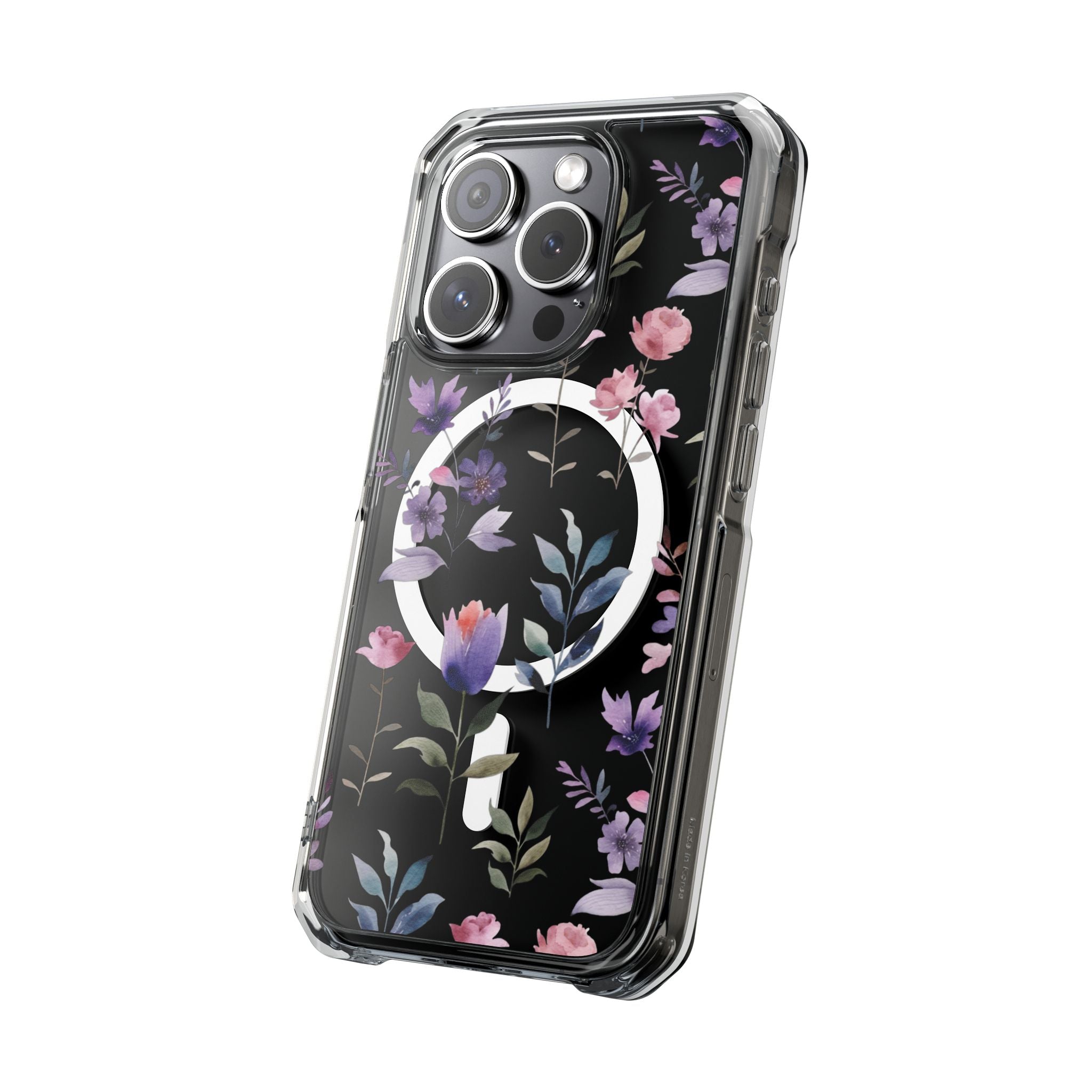 Clear Magnetic Phone Case – Floral Black MagSafe-Compatible Protective Cover
