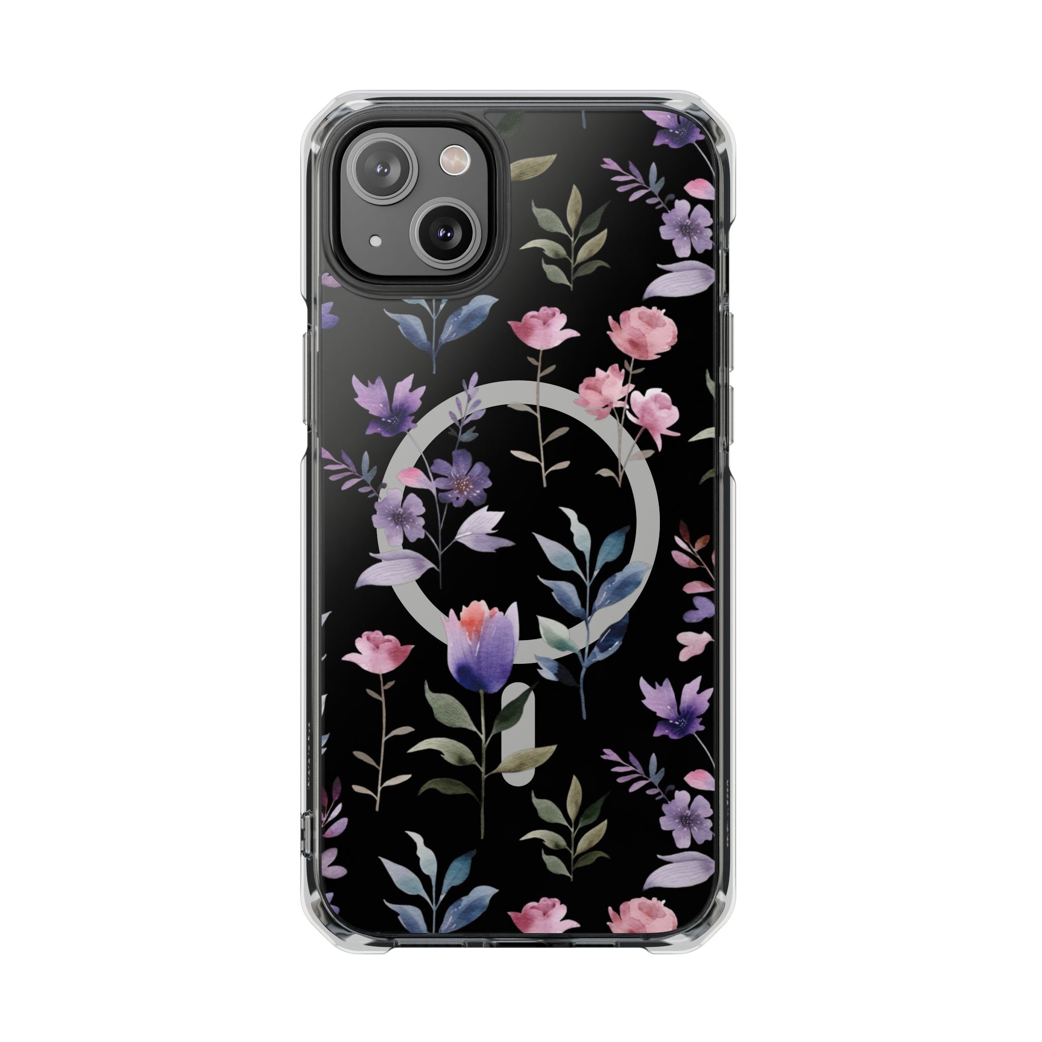 Clear Magnetic Phone Case – Floral Black MagSafe-Compatible Protective Cover