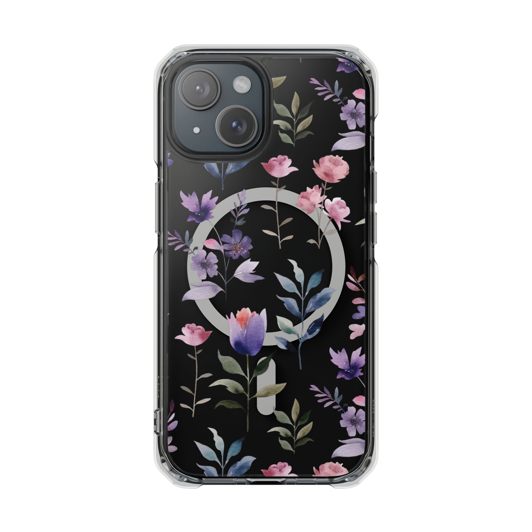 Clear Magnetic Phone Case – Floral Black MagSafe-Compatible Protective Cover