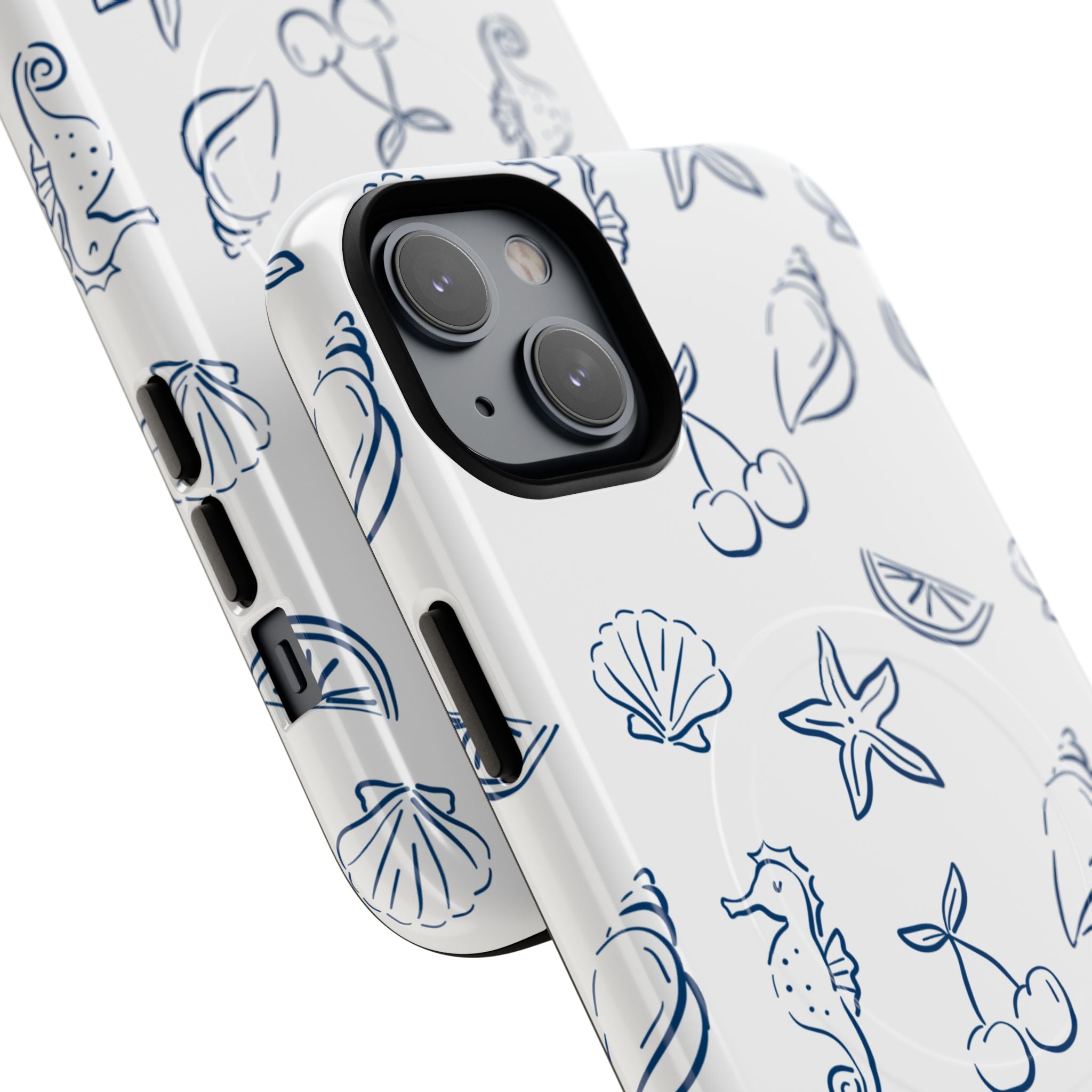 Nautical Sketch Magnetic Phone Case — Seahorse & Seashell Pattern