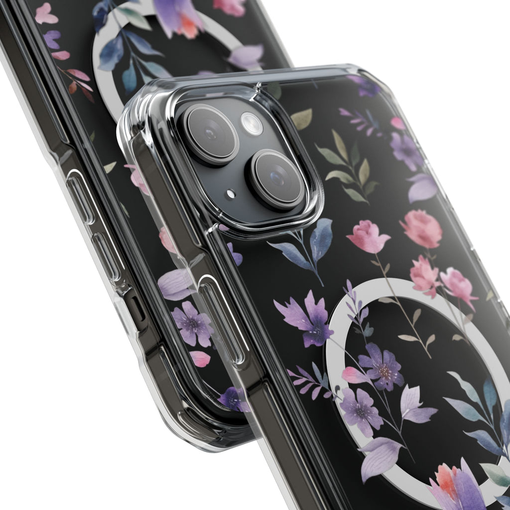 Clear Magnetic Phone Case – Floral Black MagSafe-Compatible Protective Cover
