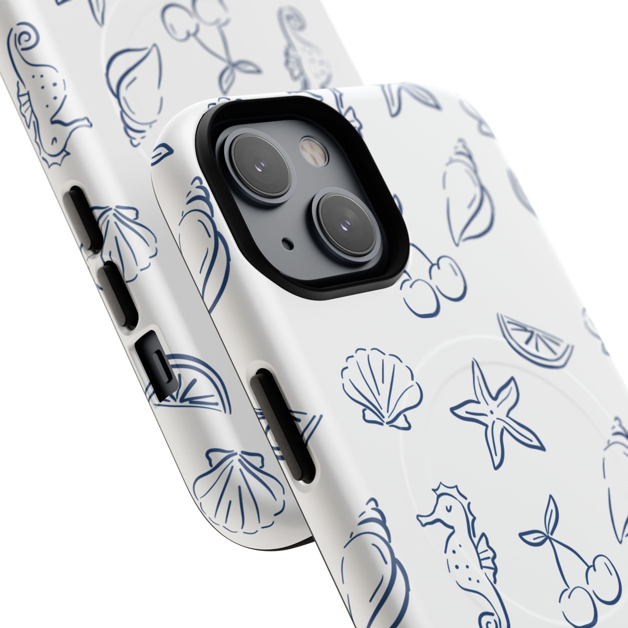Nautical Sketch Magnetic Phone Case — Seahorse & Seashell Pattern