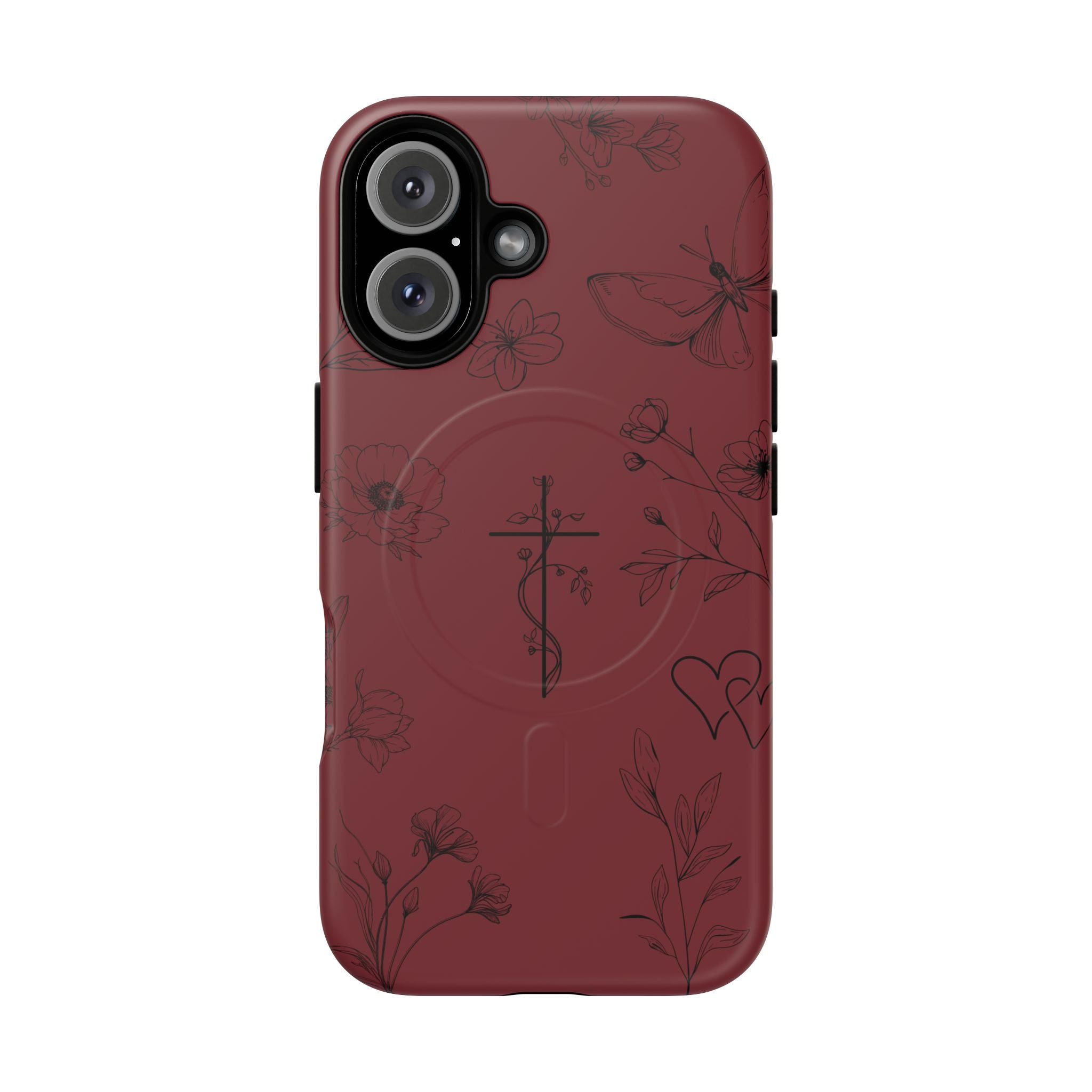 Floral Cross Tough Magnetic Phone Case — Burgundy Protective Cover