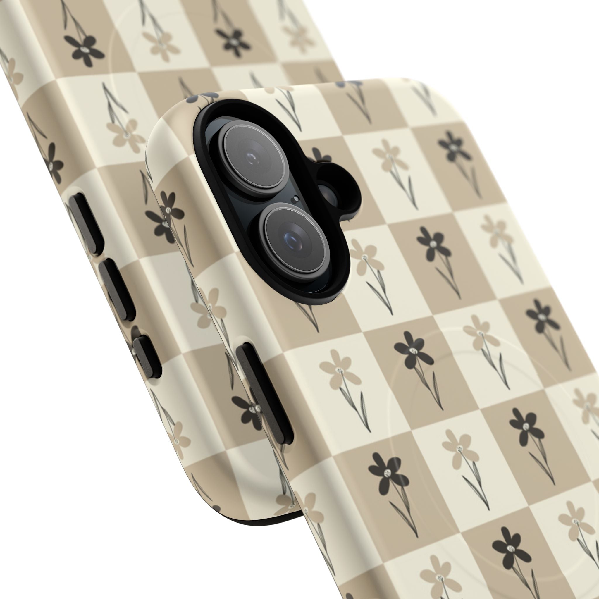 Floral Checkered Tough Magnetic Phone Case — Beige Vintage Flower Grid