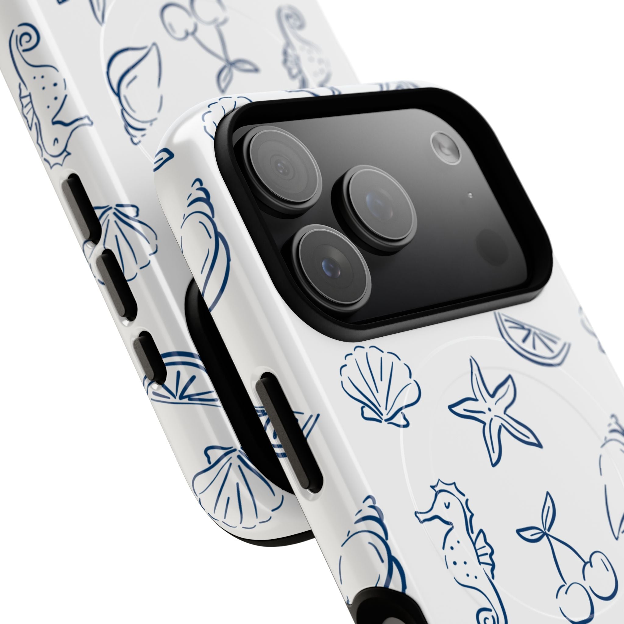Nautical Sketch Magnetic Phone Case — Seahorse & Seashell Pattern