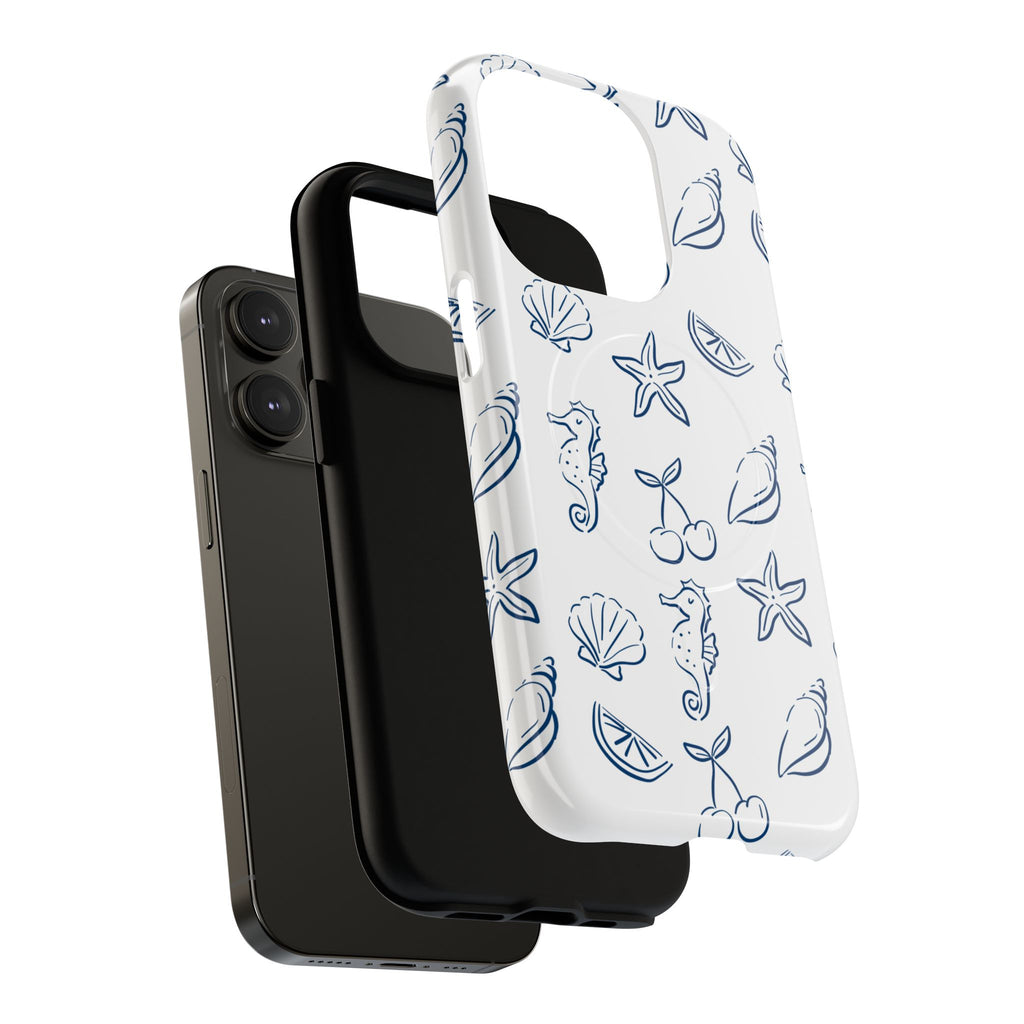 Nautical Sketch Magnetic Phone Case — Seahorse & Seashell Pattern