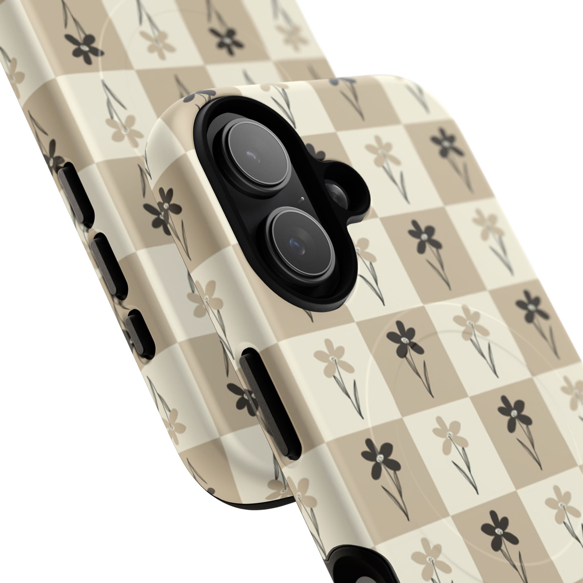 Floral Checkered Tough Magnetic Phone Case — Beige Vintage Flower Grid