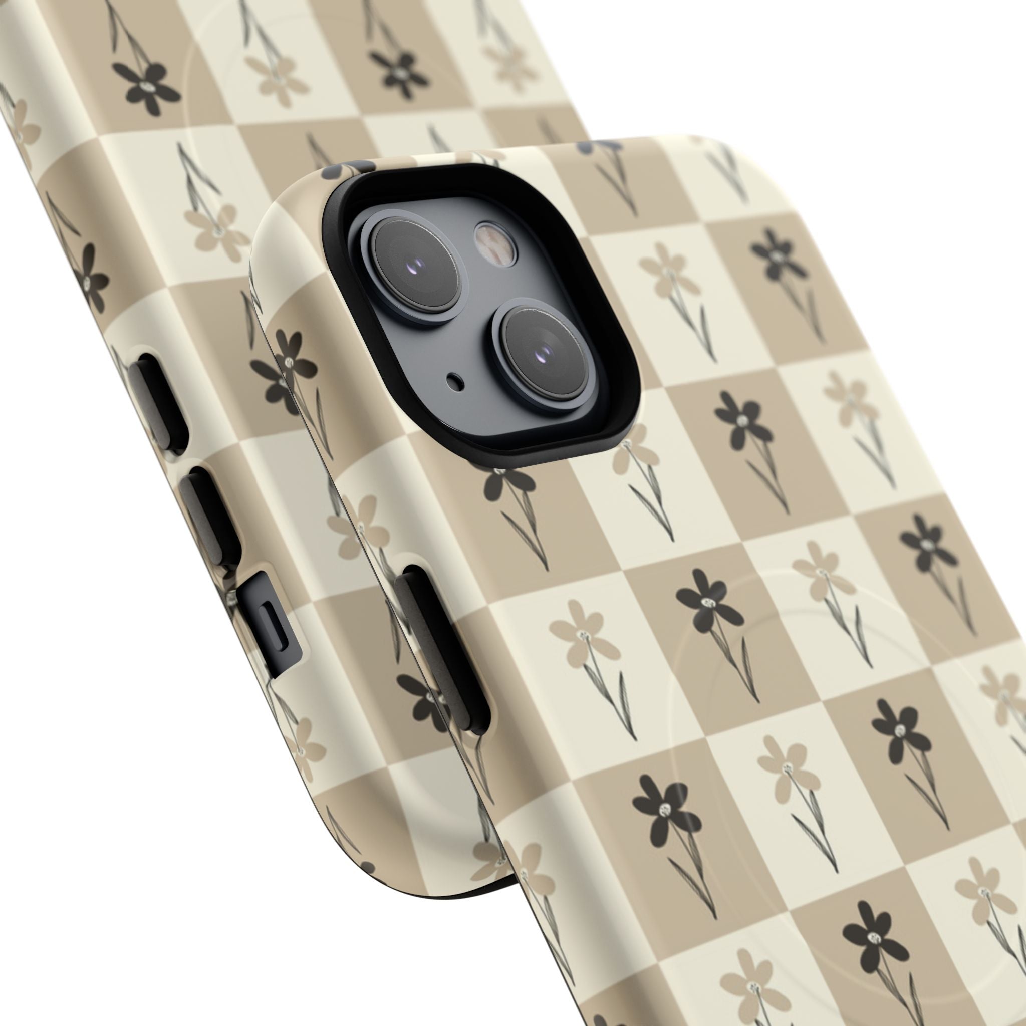 Floral Checkered Tough Magnetic Phone Case — Beige Vintage Flower Grid