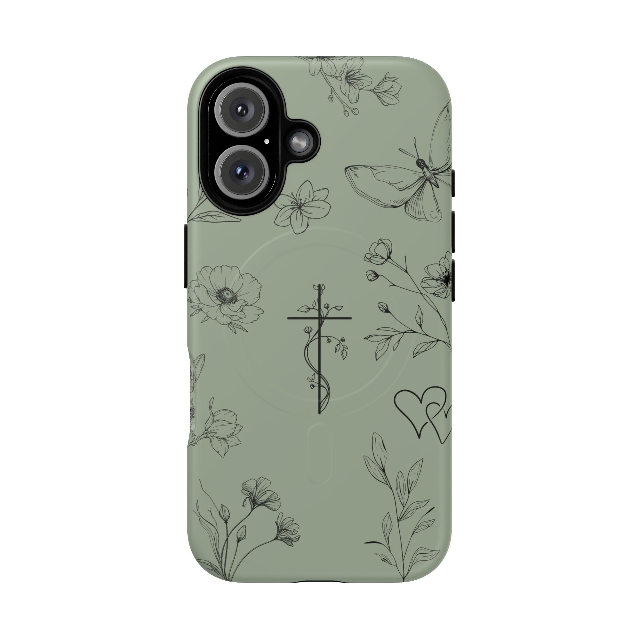 MagSafe phone case - sage green floral cross design