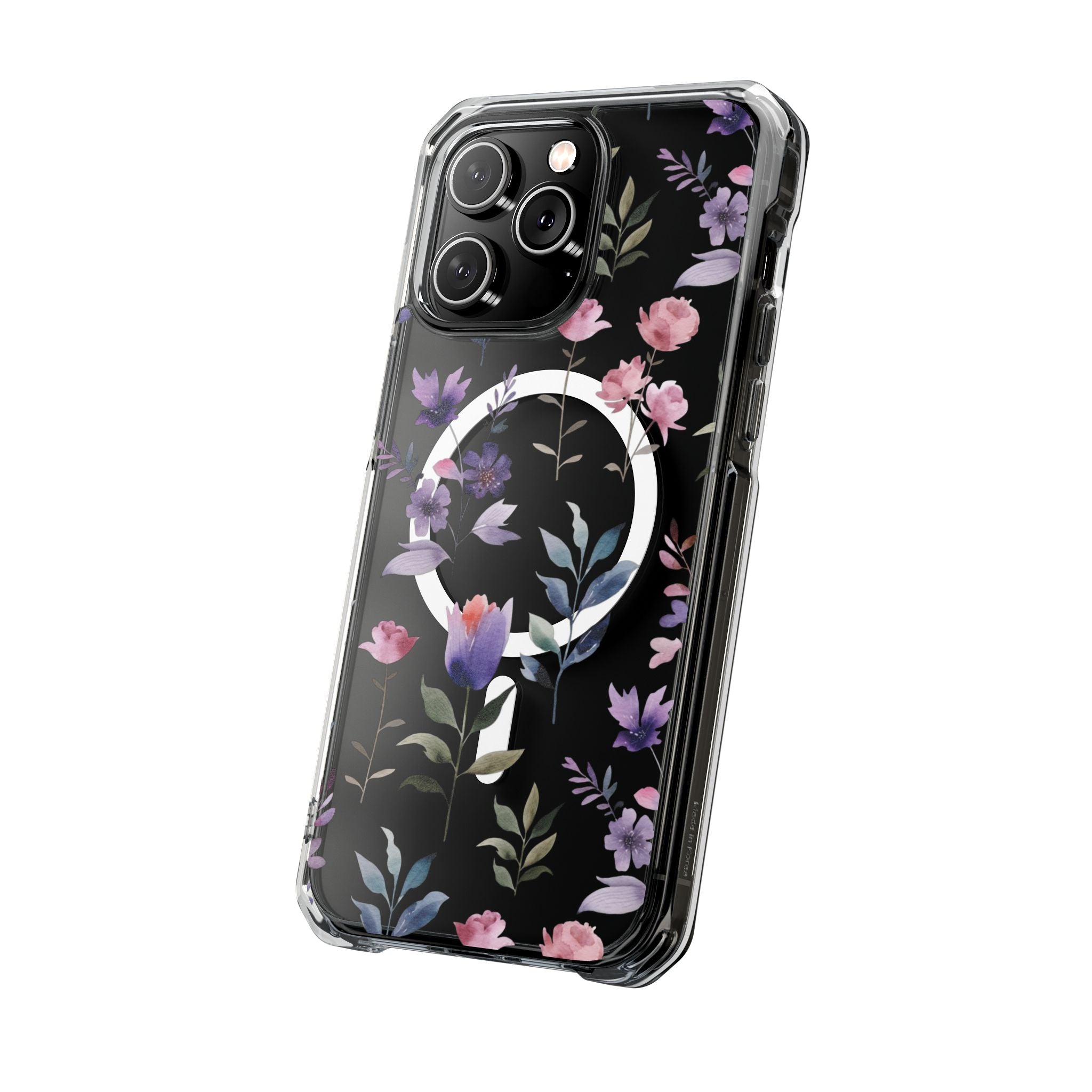 Clear Magnetic Phone Case – Floral Black MagSafe-Compatible Protective Cover