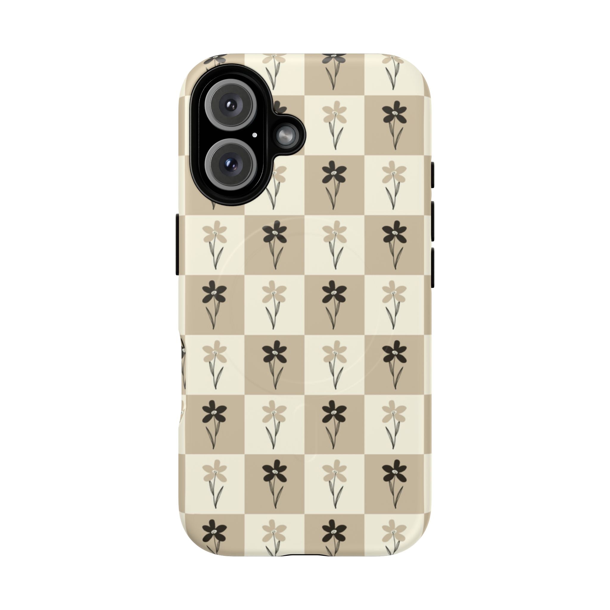 Floral Checkered Tough Magnetic Phone Case — Beige Vintage Flower Grid
