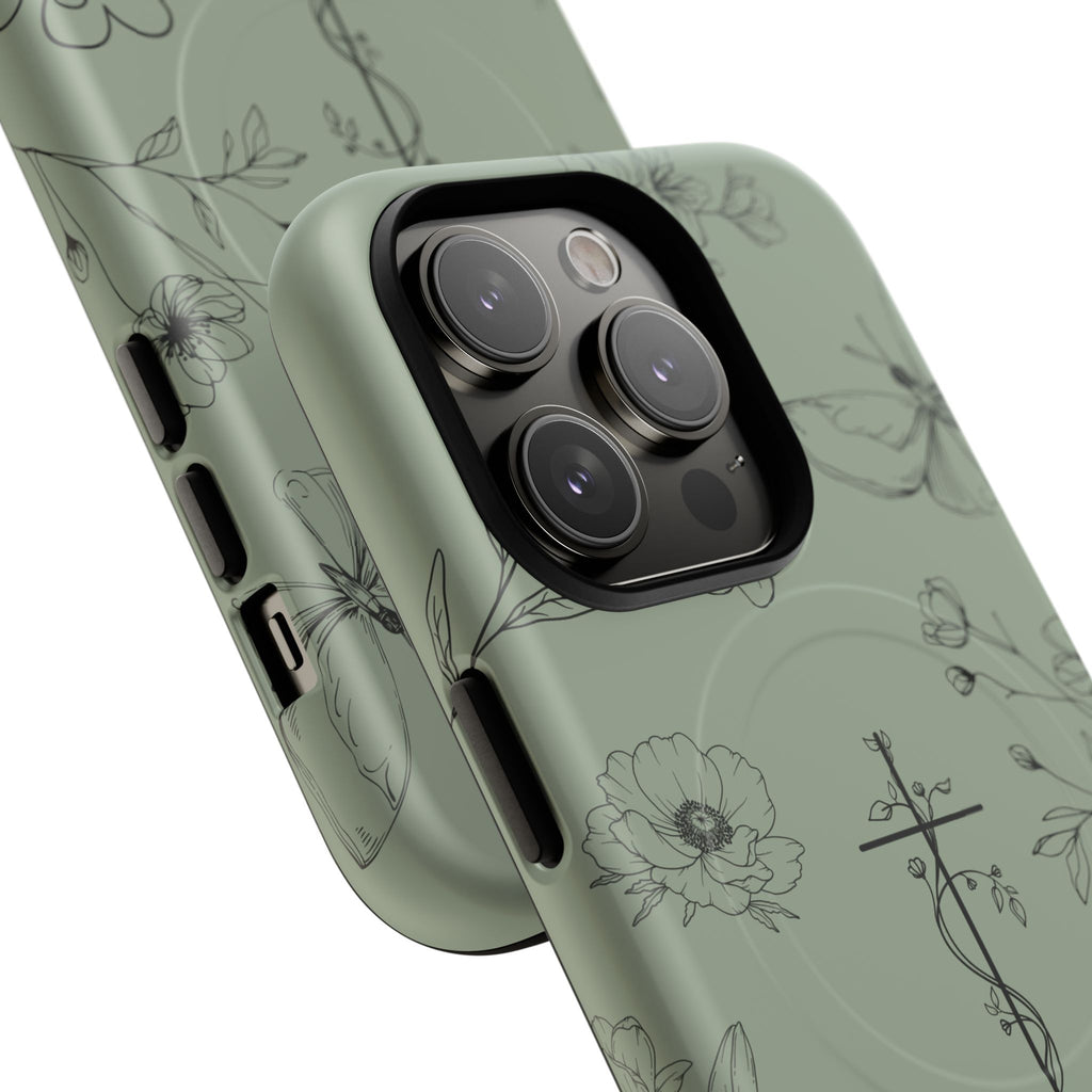 MagSafe phone case - sage green floral cross design