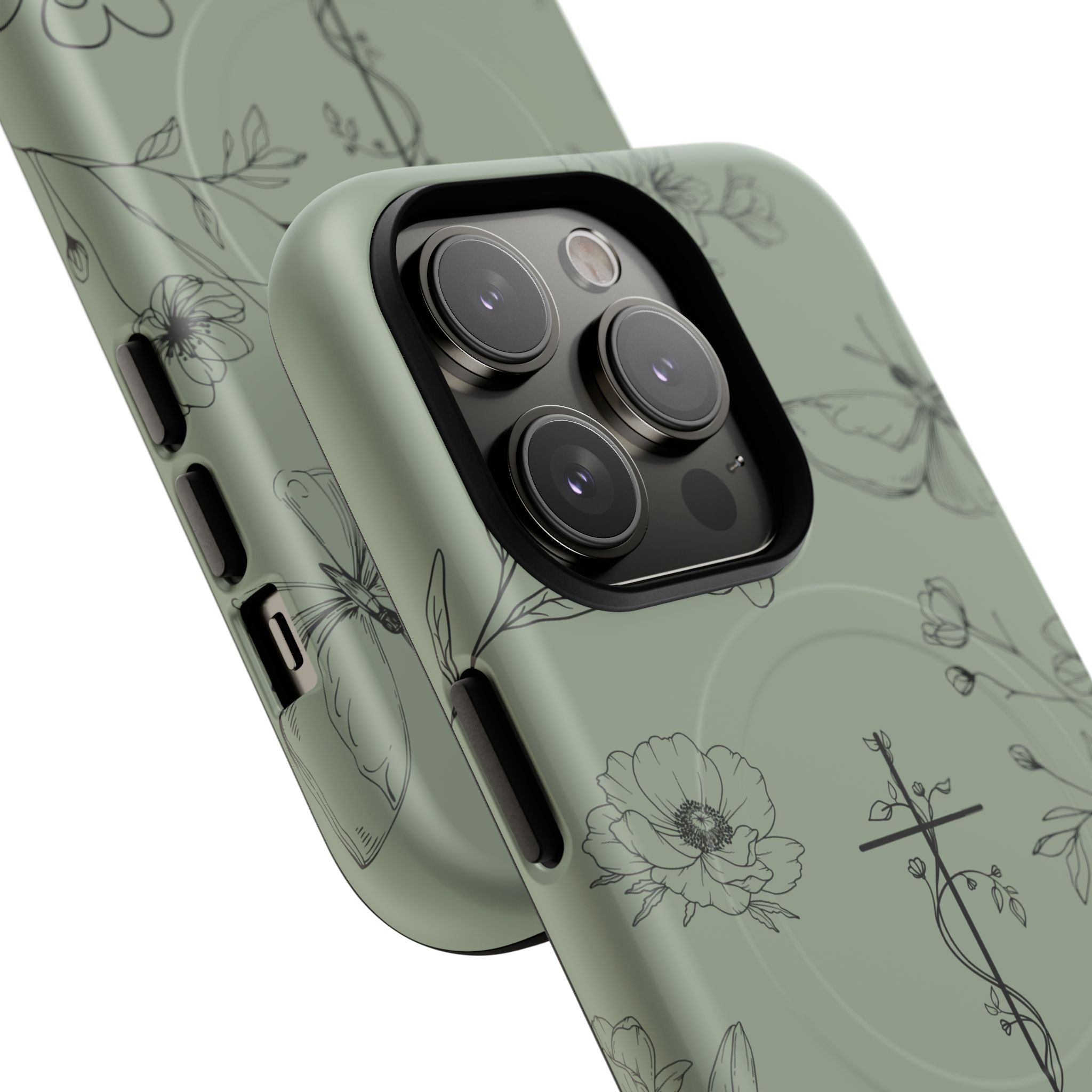 MagSafe phone case - sage green floral cross design