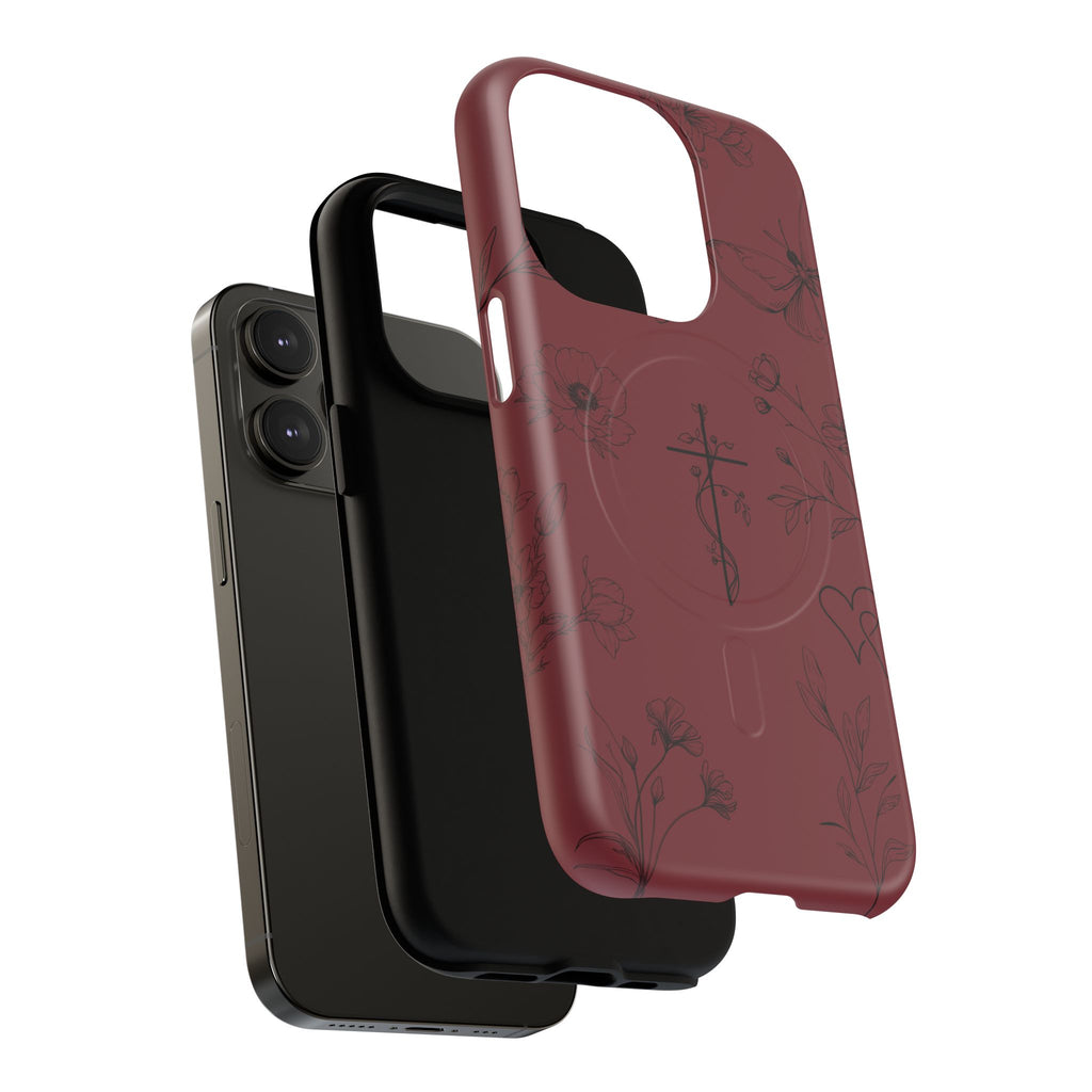 Floral Cross Tough Magnetic Phone Case — Burgundy Protective Cover