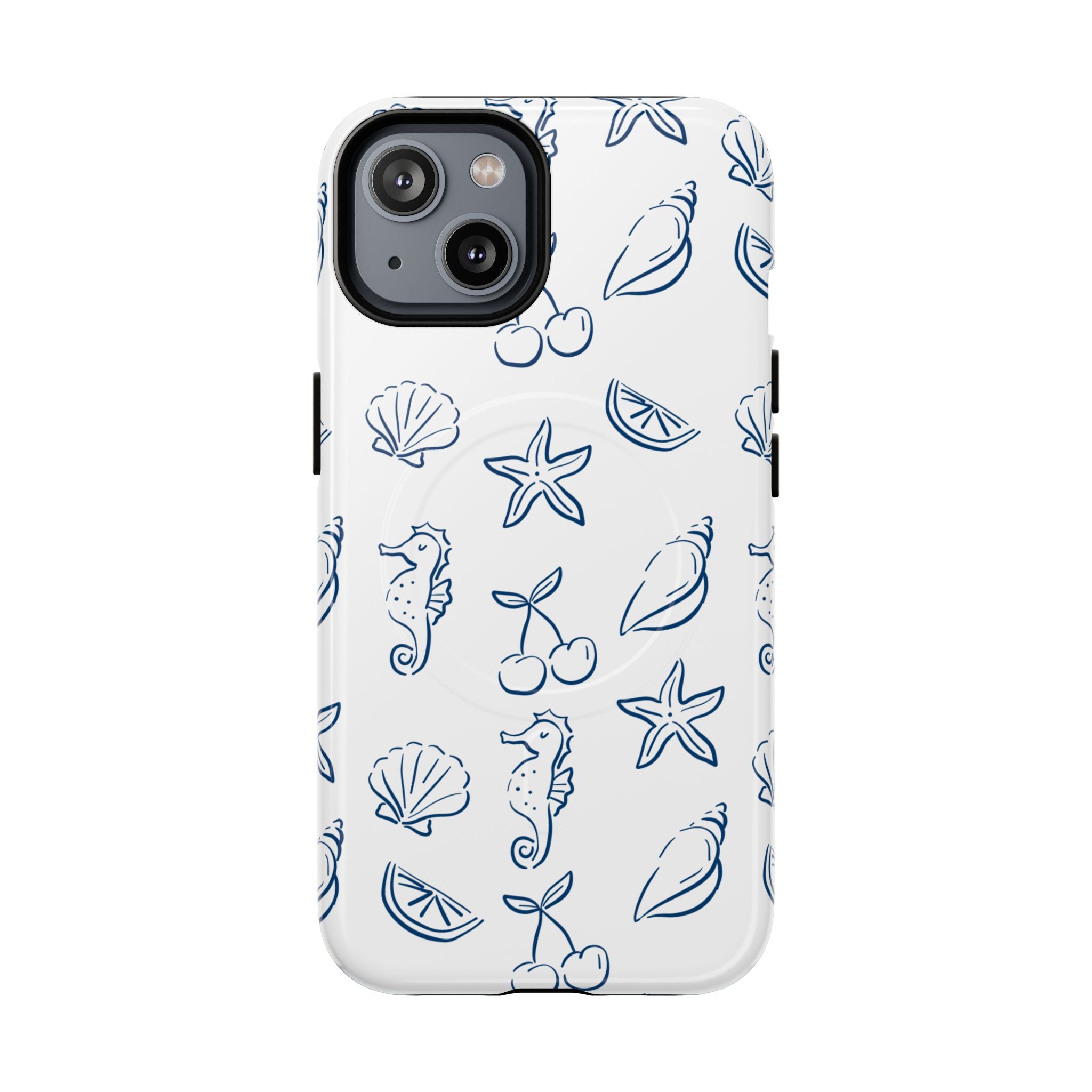Nautical Sketch Magnetic Phone Case — Seahorse & Seashell Pattern