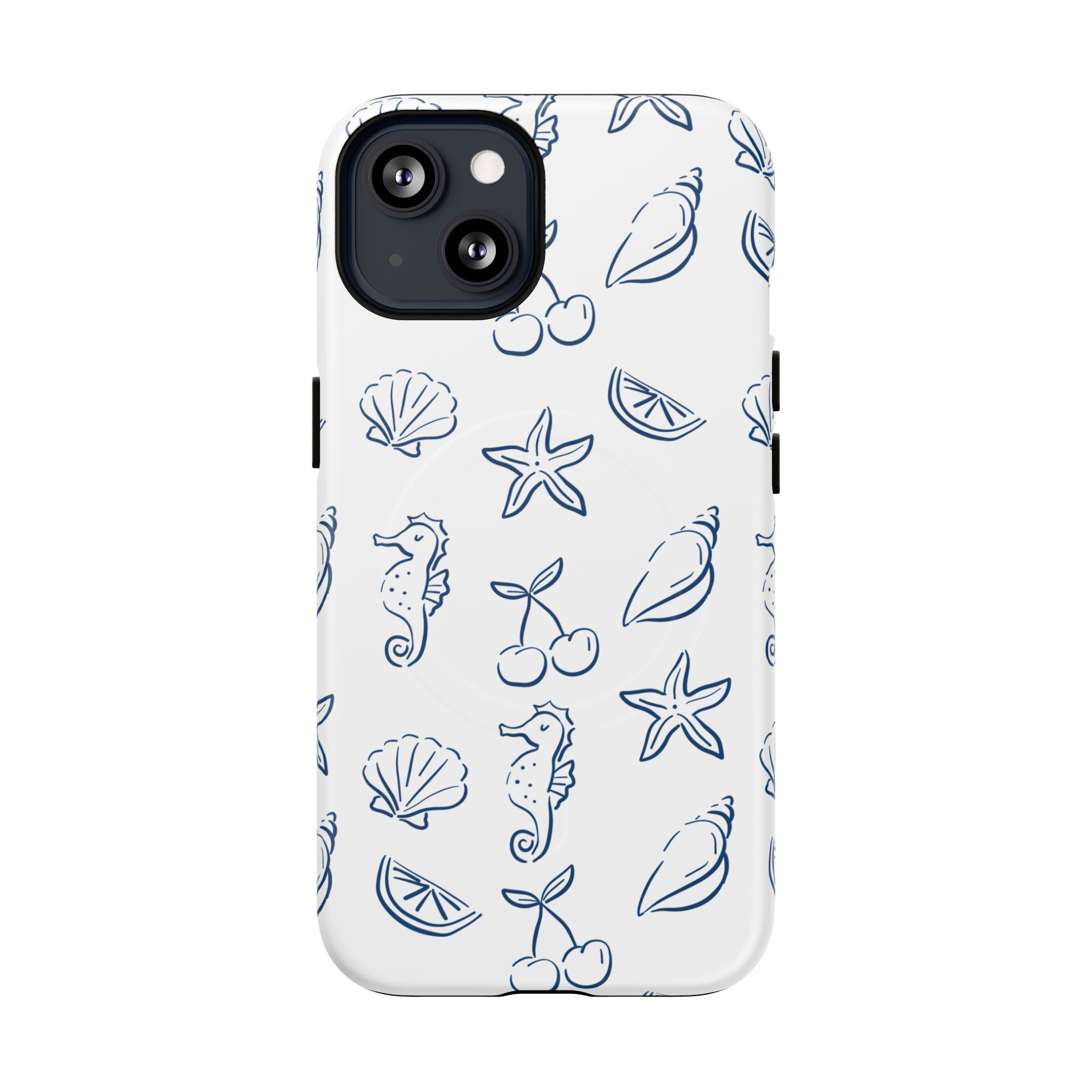 Nautical Sketch Magnetic Phone Case — Seahorse & Seashell Pattern