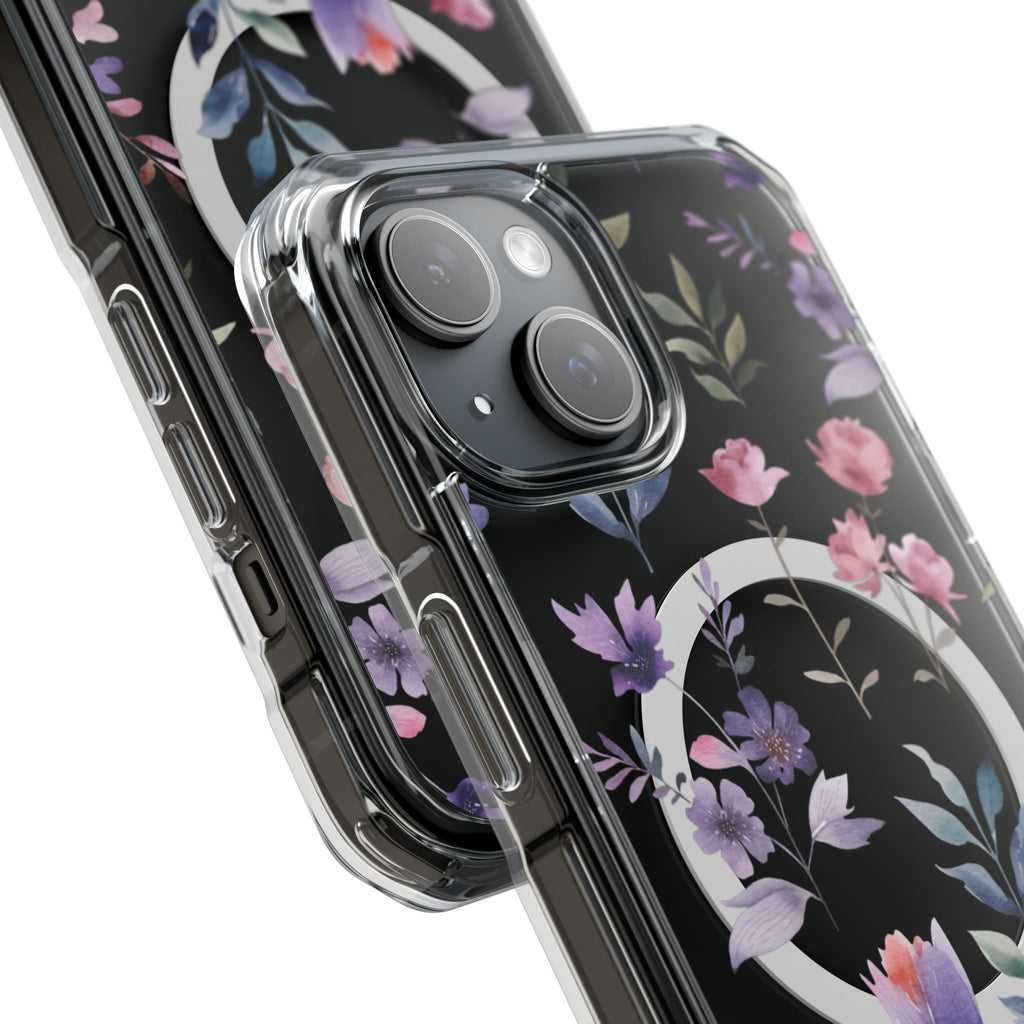 Clear Magnetic Phone Case – Floral Black MagSafe-Compatible Protective Cover