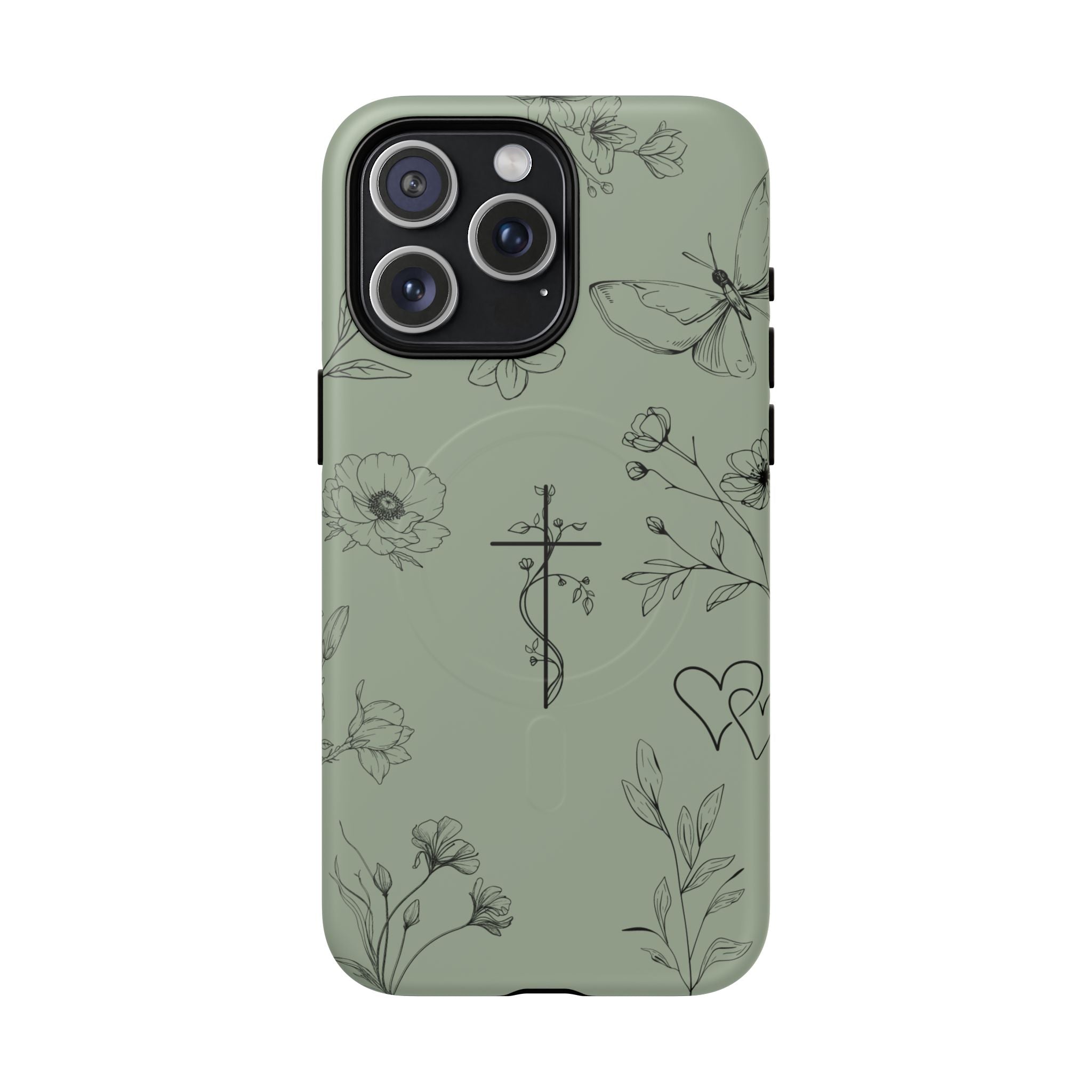 MagSafe phone case - sage green floral cross design