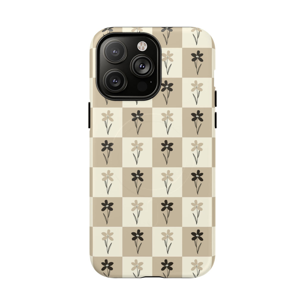 Floral Checkered Tough Magnetic Phone Case — Beige Vintage Flower Grid